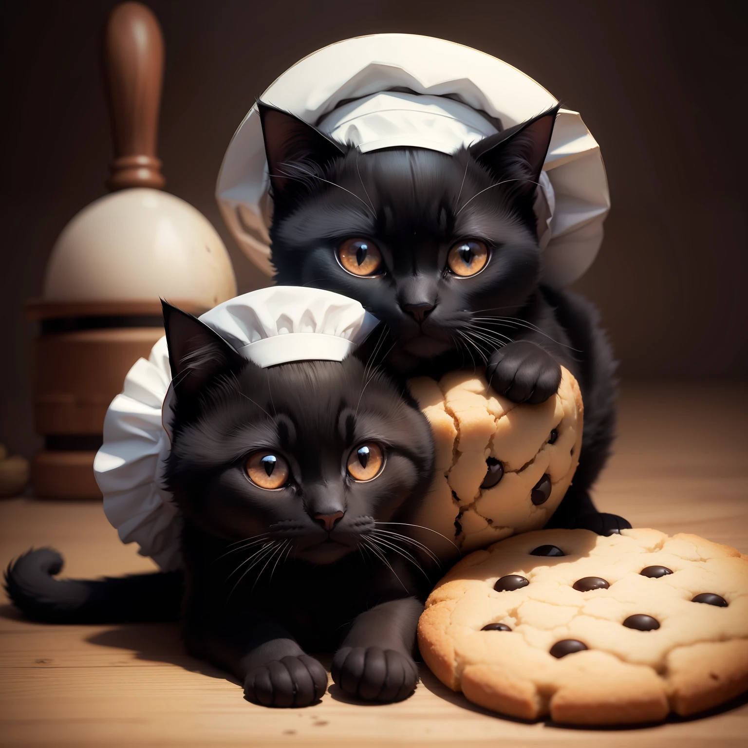 Black kitten with a cook's hat holding a cookie written Cats