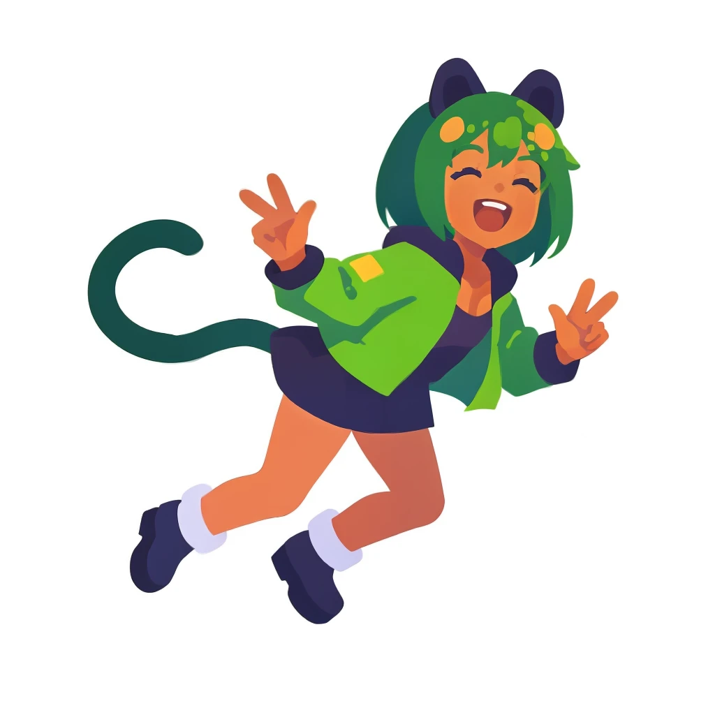 超A high resolution, nffsw, Best aesthetic, Best Quality, masutepiece, ik1、Full body depiction, Laughing、1girl in、Jade-colored jacket、cartoon bone、Green Hair Anime Girl, flat anime style, Black cat ears, Anime girl with black cat ears, digital anime illustration, Plain white background