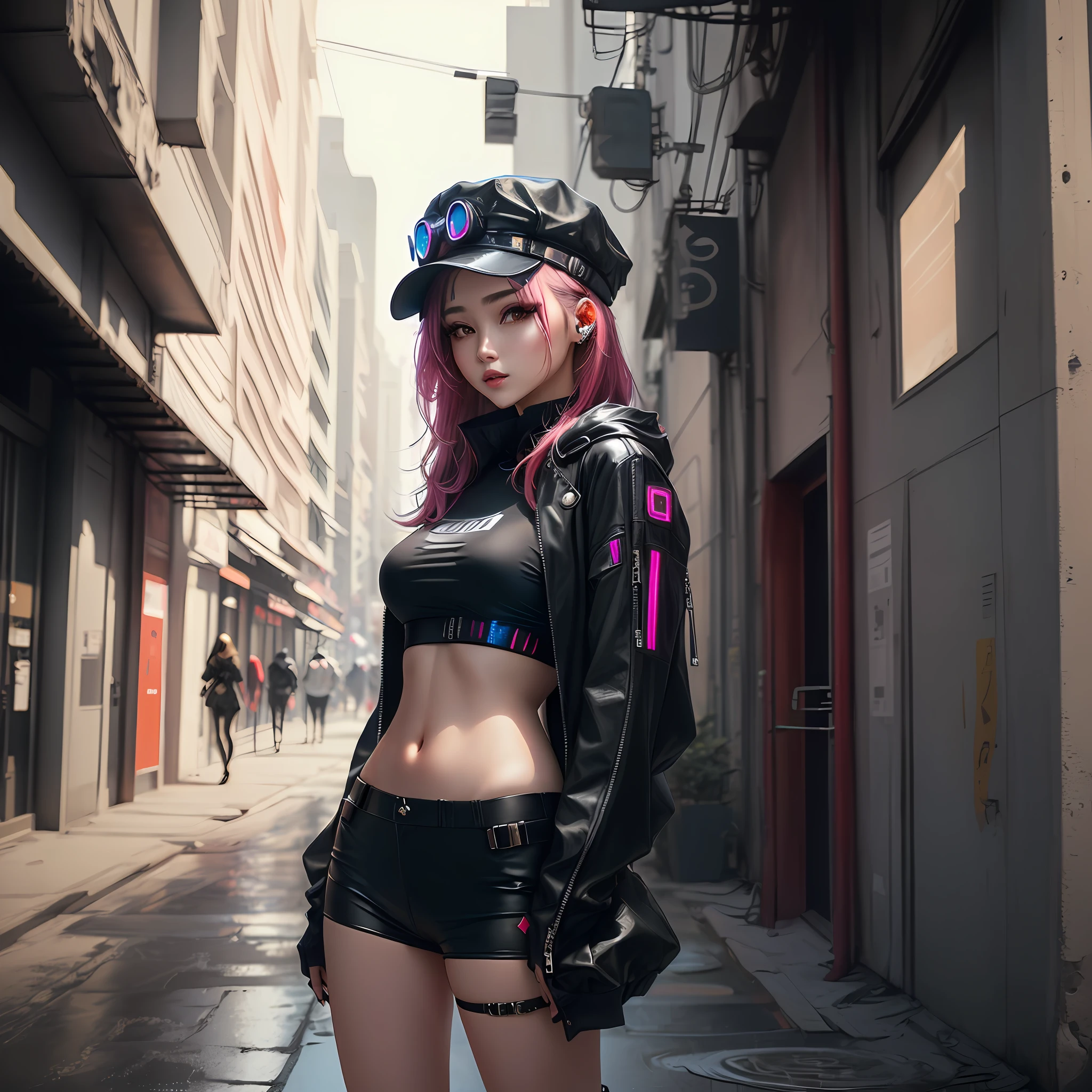 Beautiful woman medium hair, wearing cap, cyberpunk style short clothes