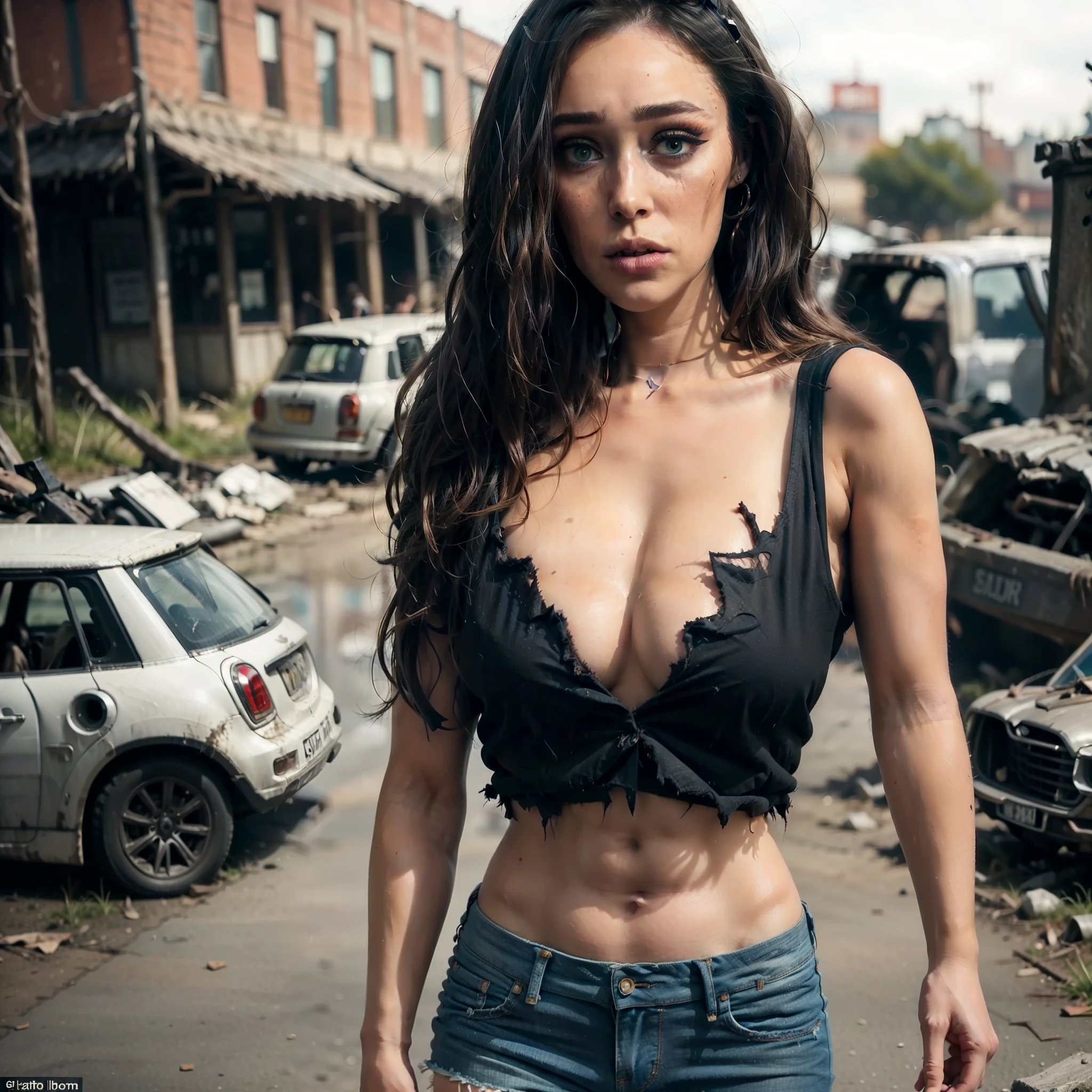 Ultra-realistic photo of Alicia Debnam Carey, (((torn,T-shirt with super huge cleavage, Mini jeans skirt and black sheer tights, Weapons training))), masterpiece, Best Quality, High solution, 32K HDR, Ultra-realistic texture, hyper derailed face, Portrait, ((natural, ultra gigantic tits, insane big)), Detailed eyes, {eroticism 1.5}, Photorealism, (view of Full body shot), Model Body Style, (fight pose, Show viewers her ultra-realistic shaved armpits), Abandoned city, Messy streets, Shabby building, Apocalypse View), Zombies roam the ruined city. many undead people walking on the streets,