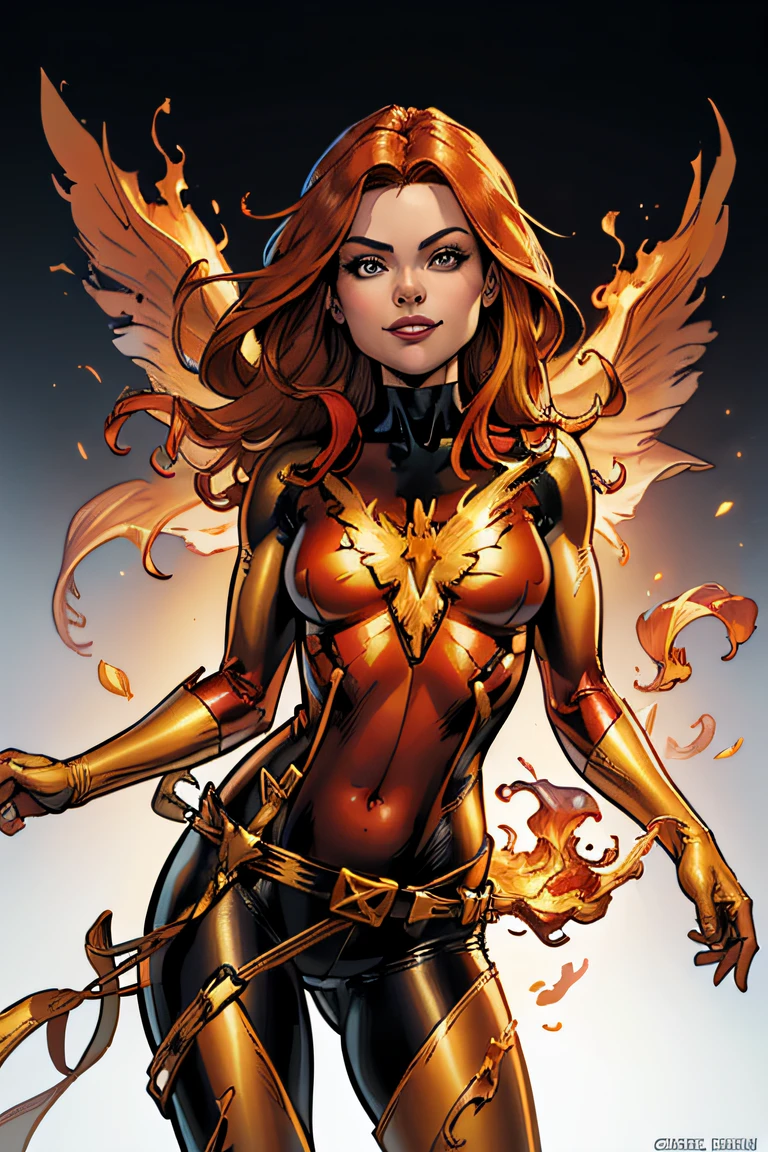 perfect face, ((cleavage, orange hair,)), navel, evil smile, beautiful, (masterpiece:1.2), (best quality:1.2), ((1girl)), (((jean-grey, phoenix from marvel,))), marvel, evil, looking at viewer, (simple background), ((no background)), specular highlights, dynamic angle, dynamic lighting, side lighting, rim lighting, (((medium breasts))), perfect hands, ((((gradient background)))), (((((red bodysuit, yellow belt)))))