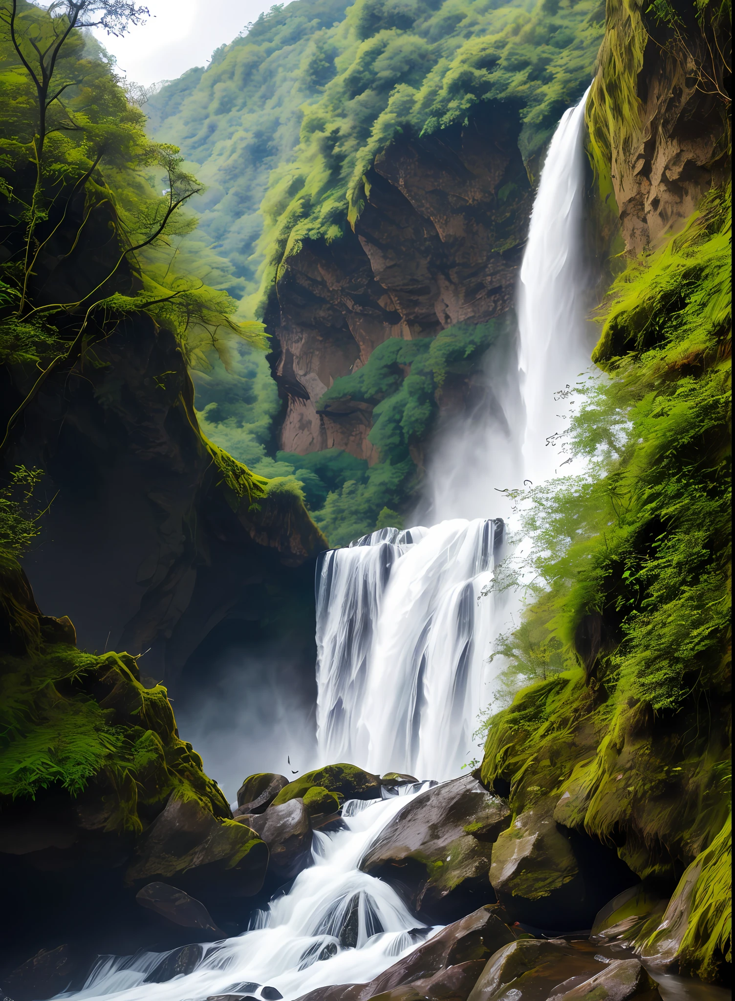 scenecy,photography of, 8K, Ultra photo realsisim,nature scenes,Embodying the beauty of nature,Waterfalls cascade down from the sky,There are flying birds in the air