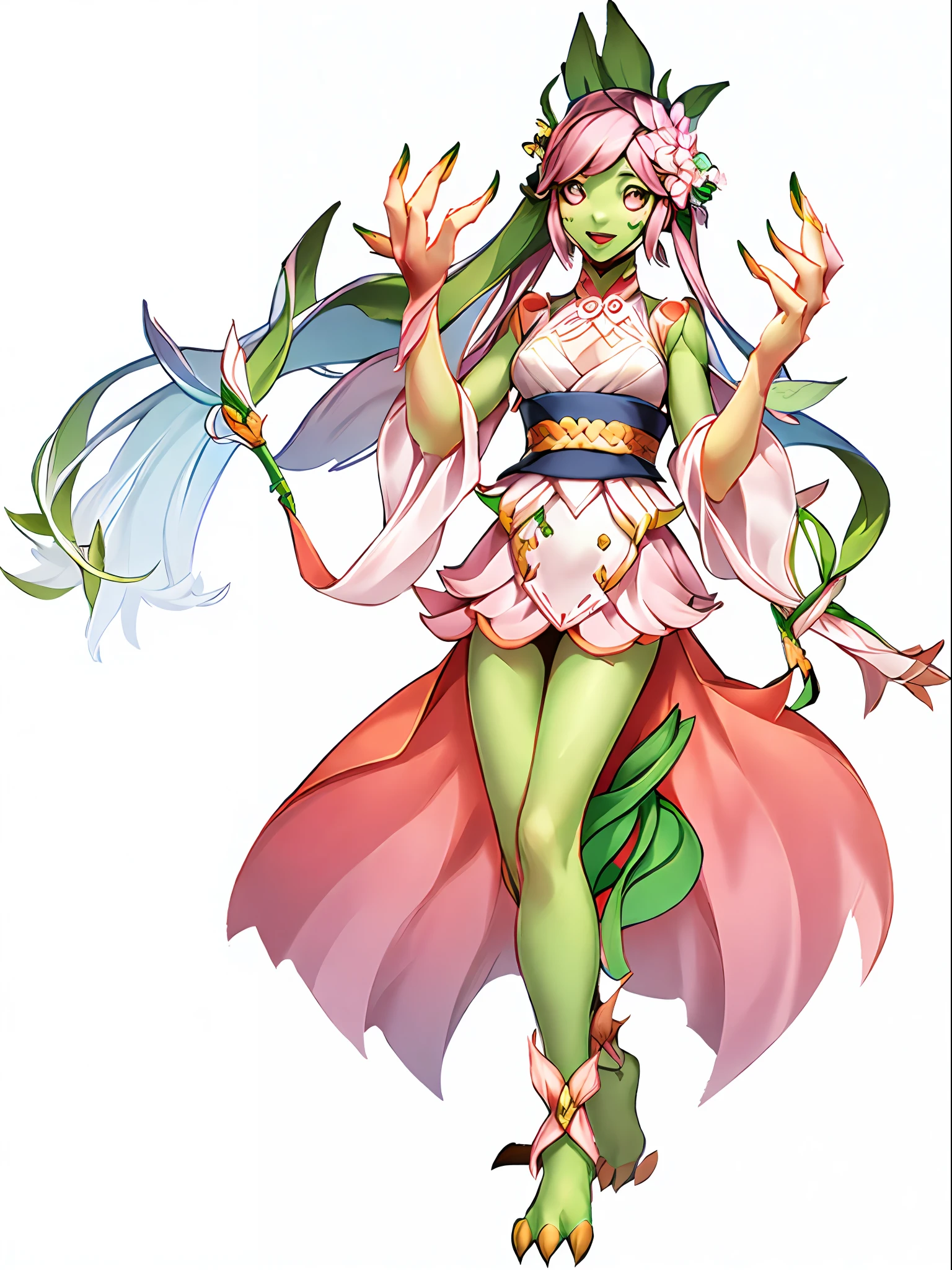 a close up of a person in a pink dress holding a shuriken, flowing hair , Ponytail and long robes, full body xianxia, , Monster ((boy)),(Digimon\(creature)\0.4), (Peach Blossom themed:1.2), (Fairy), ((Pink Claw like arms:1.4)), (( plant person:1.6)), ((Pink skin))