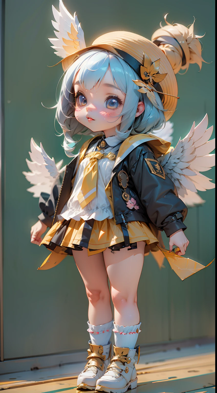 A cute girl with wings on her back and a hat，3d anime girl，3d effect，Full body like，super detailing