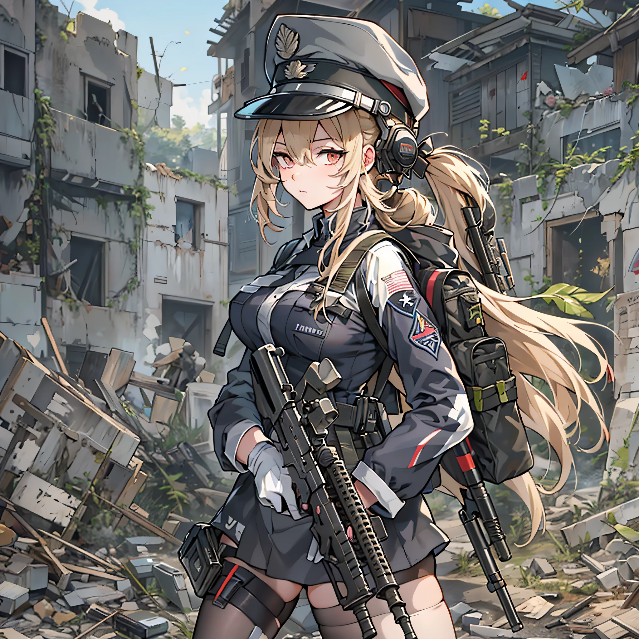 Anime girl standing in ruins, girls frontline style, from girls frontline, Fine details. girls' frontline, girls' frontline, girls frontline cg, infantry girl, Women's Last Tour, soldier girl, M4 Sopmod II Girls Frontline, anime maid ss military, girls frontline universe, Mechanized soldier girl, majora、lieutenant colonel、senior captain