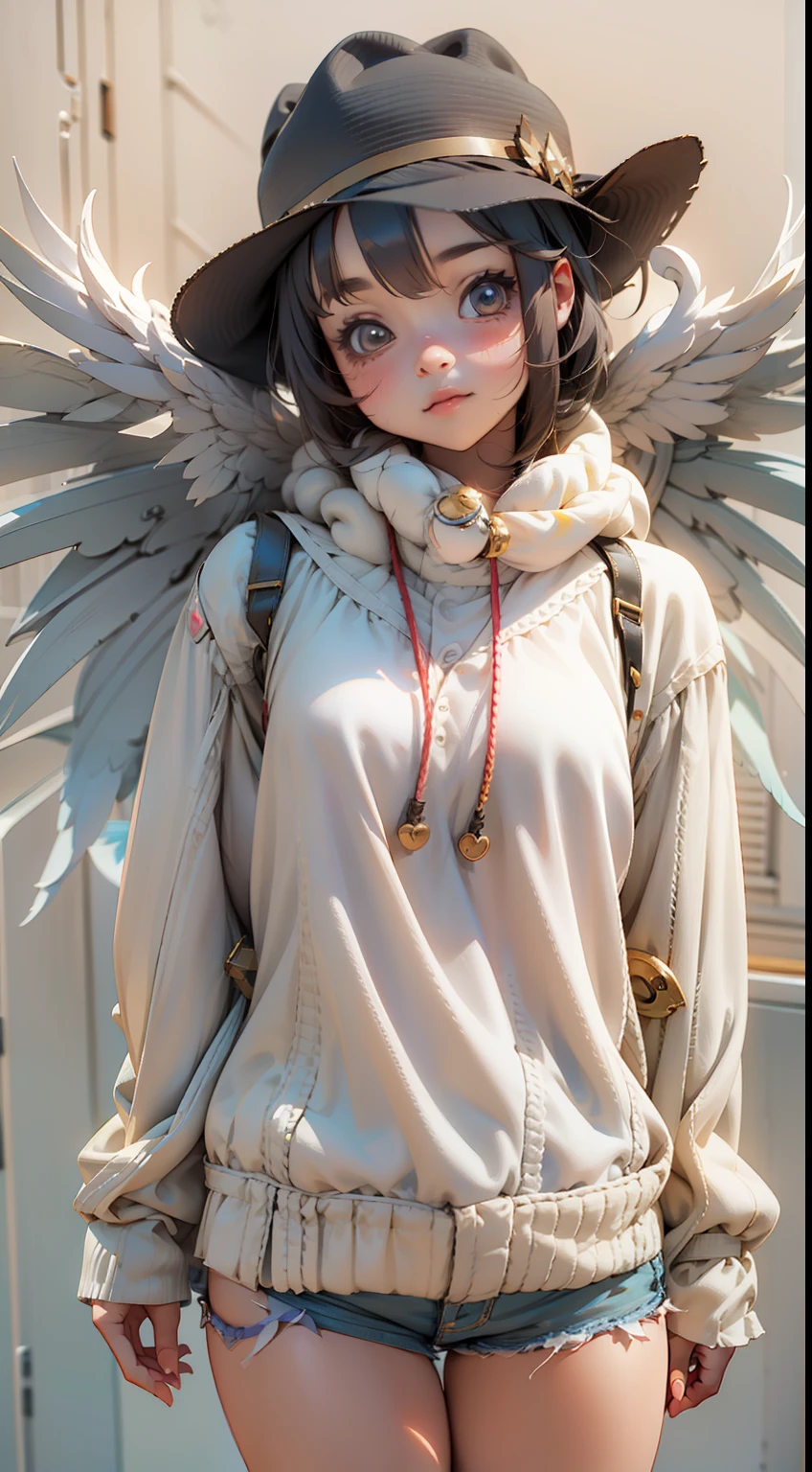 A cute girl with wings on her back and a hat，3d anime girl，3d effect，Full body like，super detailing