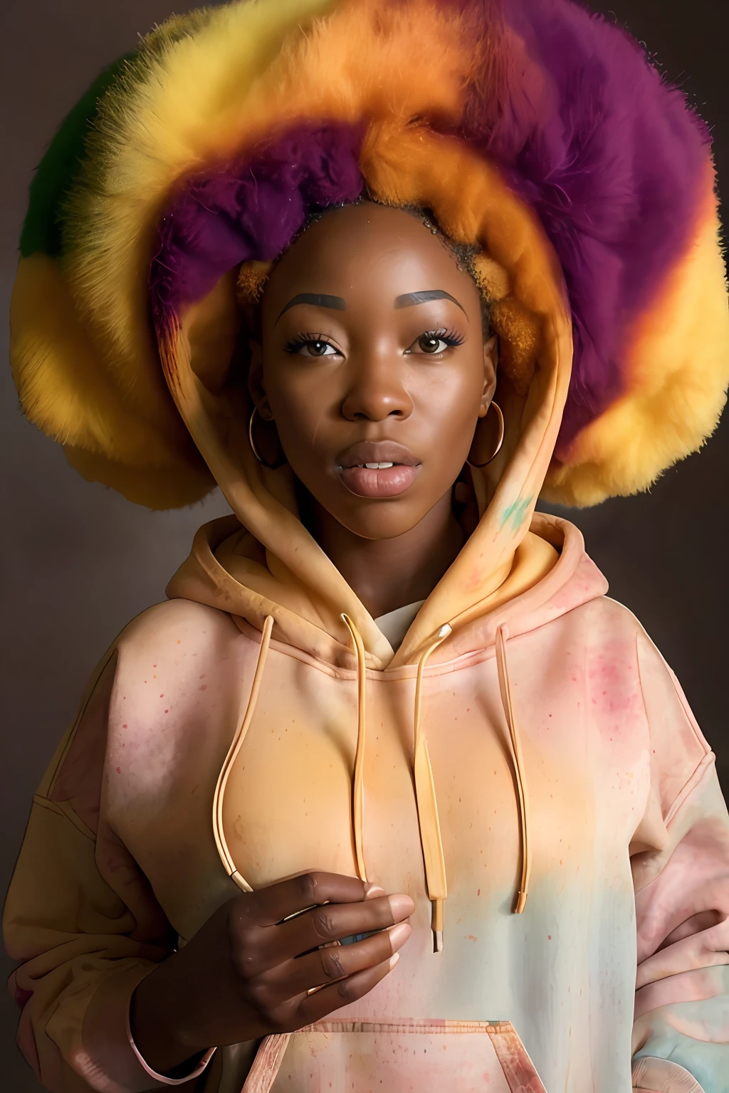 beautiful africana college woman, wearing hoodie, looking at viewer, holi color festival, portrait, hyper detailed POV, by lee jeffries, nikon d850, film stock photograph ,4 kodak portra 400 ,camera f1.6 lens ,rich colors ,hyper realistic ,lifelike texture, dramatic lighting , cinestill 800, sexy;