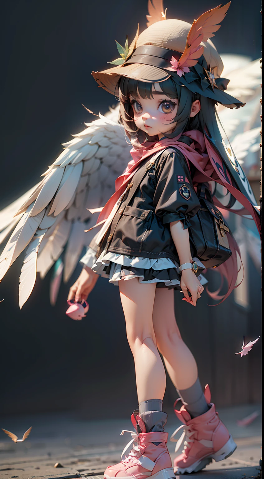 A cute girl with wings on her back and a hat，3d anime girl，3d effect，Full body like，super detailing