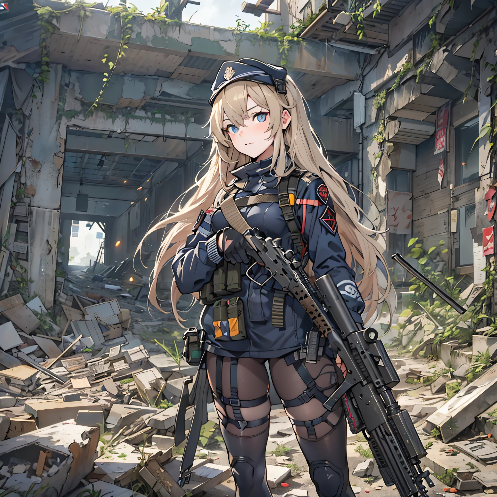 Anime girl standing in ruins, girls frontline style, from girls frontline, Fine details. girls' frontline, girls' frontline, girls frontline cg, infantry girl, Women's Last Tour, soldier girl, M4 Sopmod II Girls Frontline, anime maid ss military, girls frontline universe, Mechanized soldier girl, majora、lieutenant colonel、senior captain