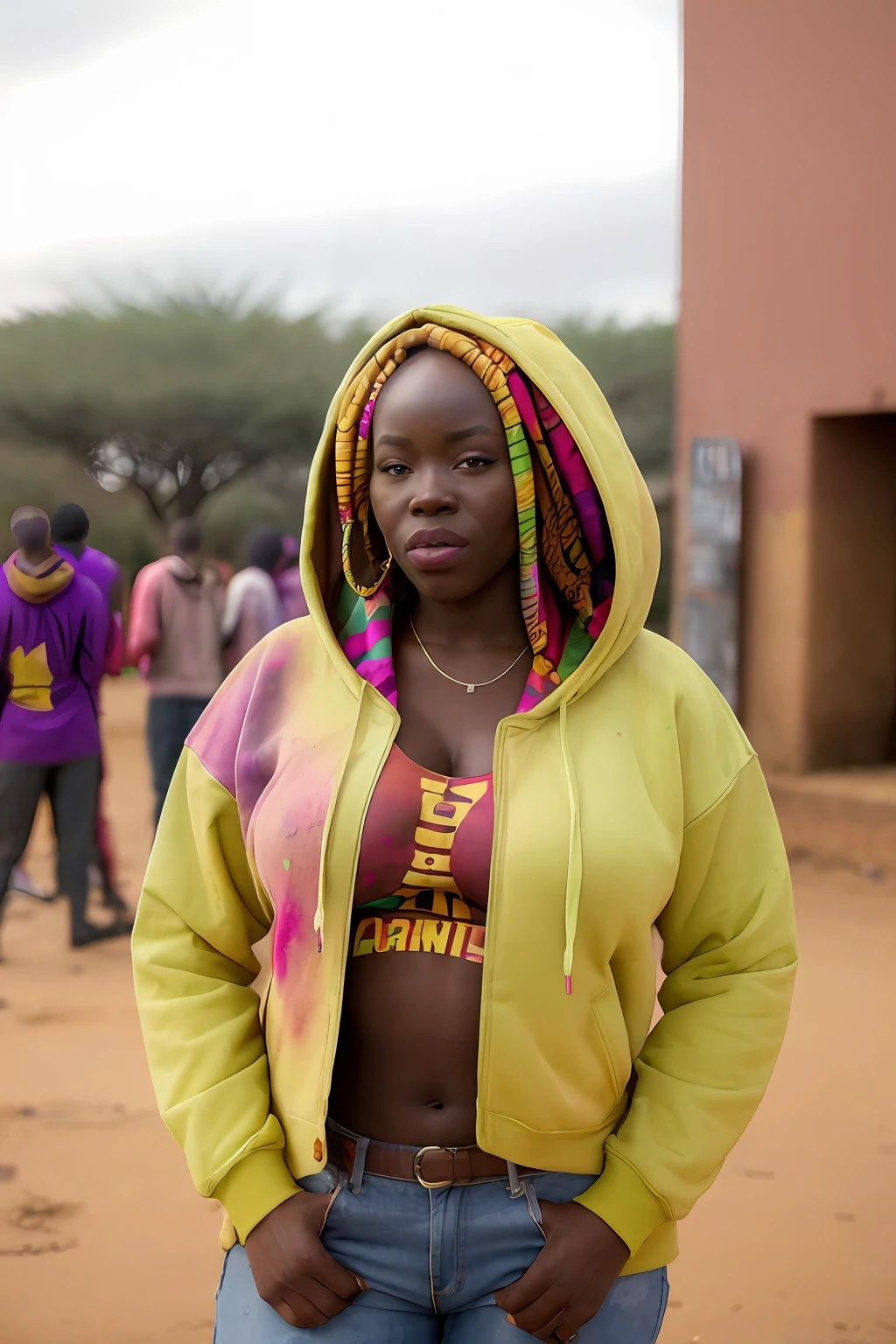 beautiful africana college woman, wearing hoodie, looking at viewer, holi color festival, portrait, hyper detailed POV, by lee jeffries, nikon d850, film stock photograph ,4 kodak portra 400 ,camera f1.6 lens ,rich colors ,hyper realistic ,lifelike texture, dramatic lighting , cinestill 800, sexy;