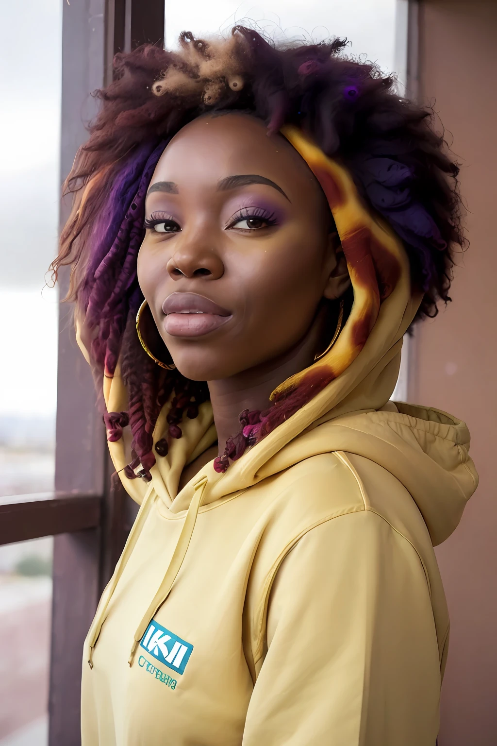 beautiful africana college woman, wearing hoodie, looking at viewer, holi color festival, portrait, hyper detailed POV, by lee jeffries, nikon d850, film stock photograph ,4 kodak portra 400 ,camera f1.6 lens ,rich colors ,hyper realistic ,lifelike texture, dramatic lighting , cinestill 800, sexy;