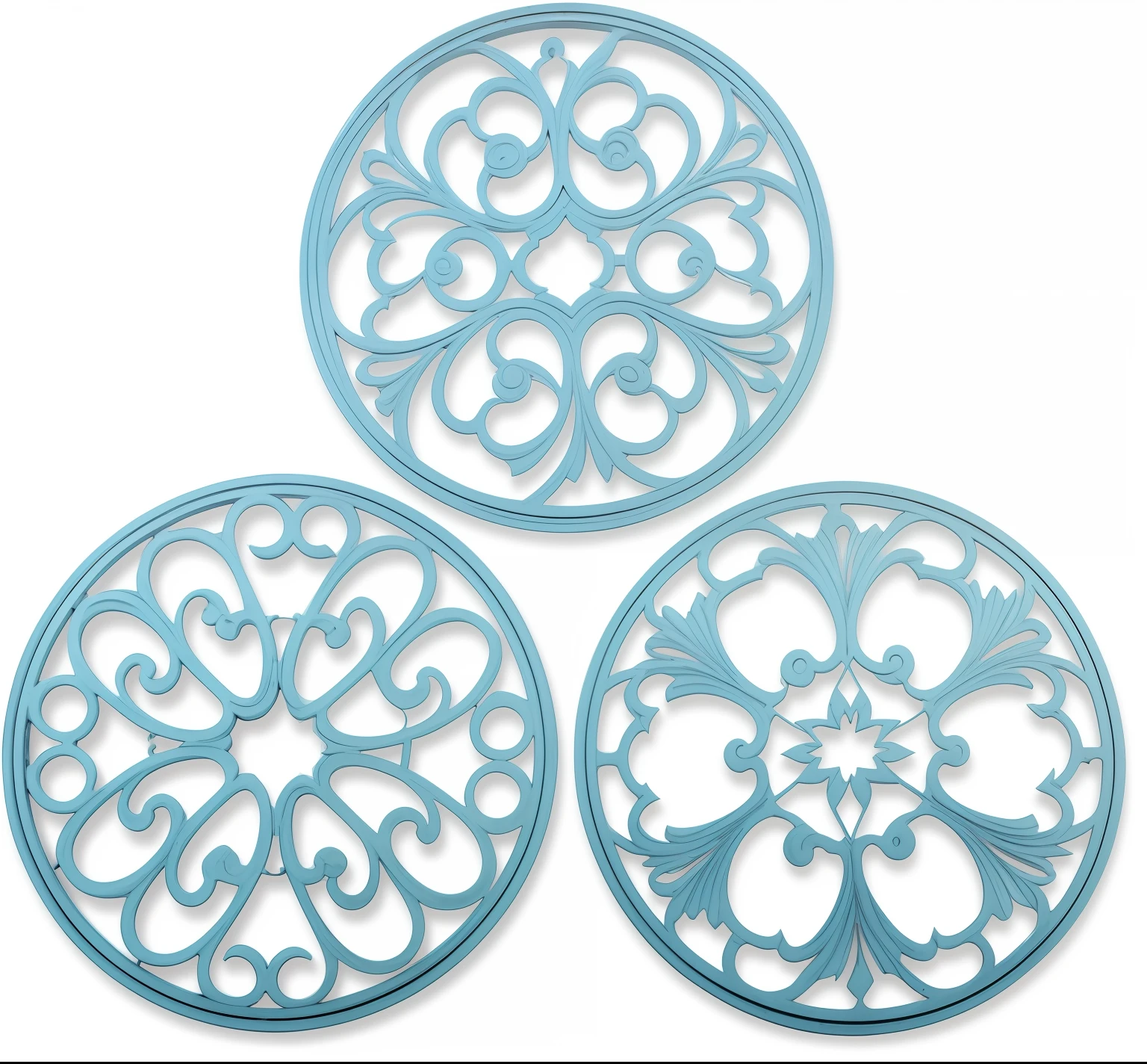 Three blue decorative coasters，There is a circular design on it, scrollwork, large motifs, Intricate scrolls, filigree, intricate filagree, filigran intricate details, set 1 8 6 0, Detailed filigree, Filigree ornaments, Complex filigree, wrought iron, medallions, intricatedesign, Decorative panels, swirl, Heavy filigree，Simple lines