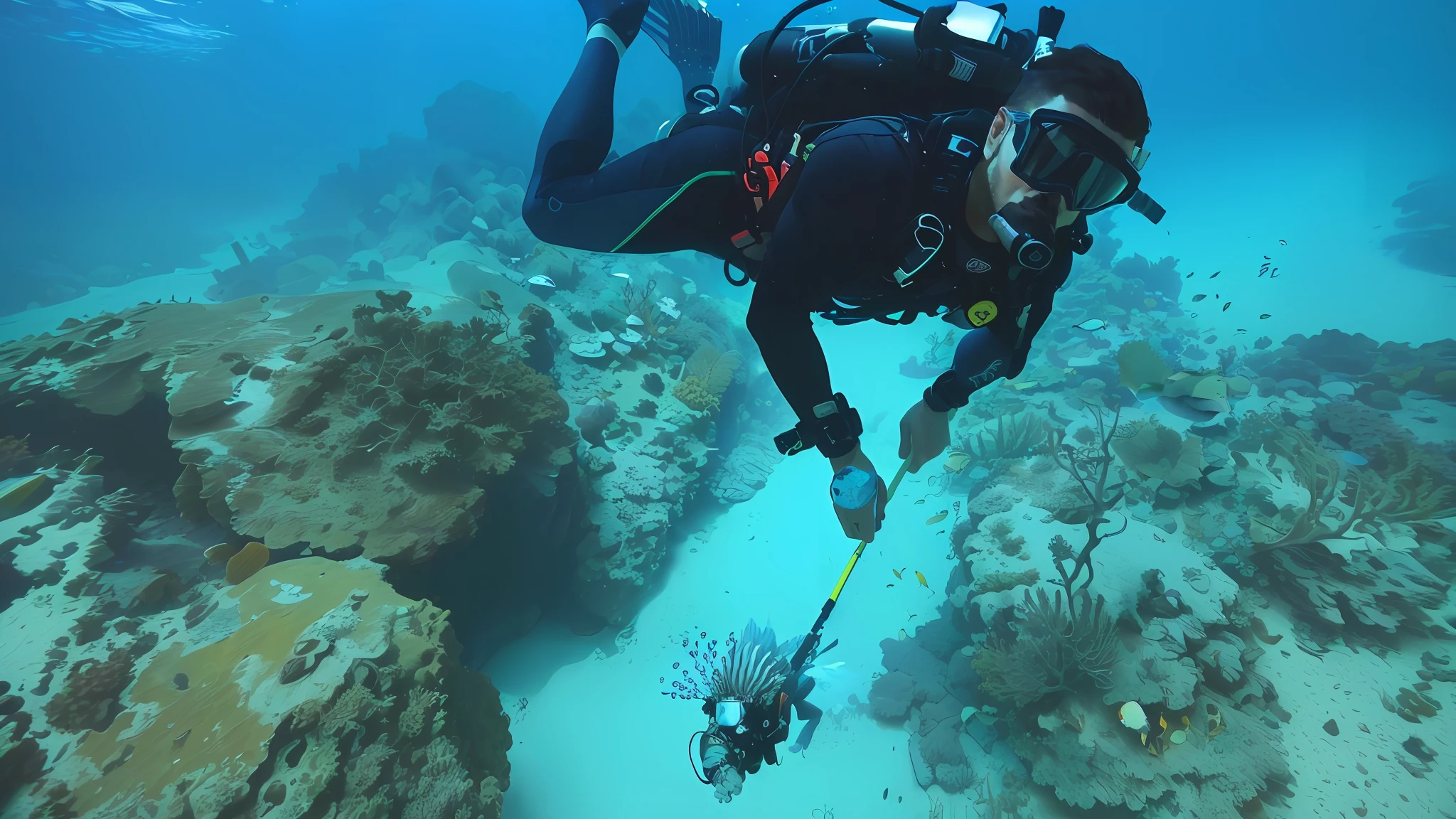 there is a man in a scuba suit and a fish in the water, scuba diving, a diver is under the sea, an diver is under the sea, lion fish, coral reefs, great sense of depth, ron cobb, cory, reddit post, photo taken in 2 0 2 0, michael, ariel perez, tredning on art station, adi meyers