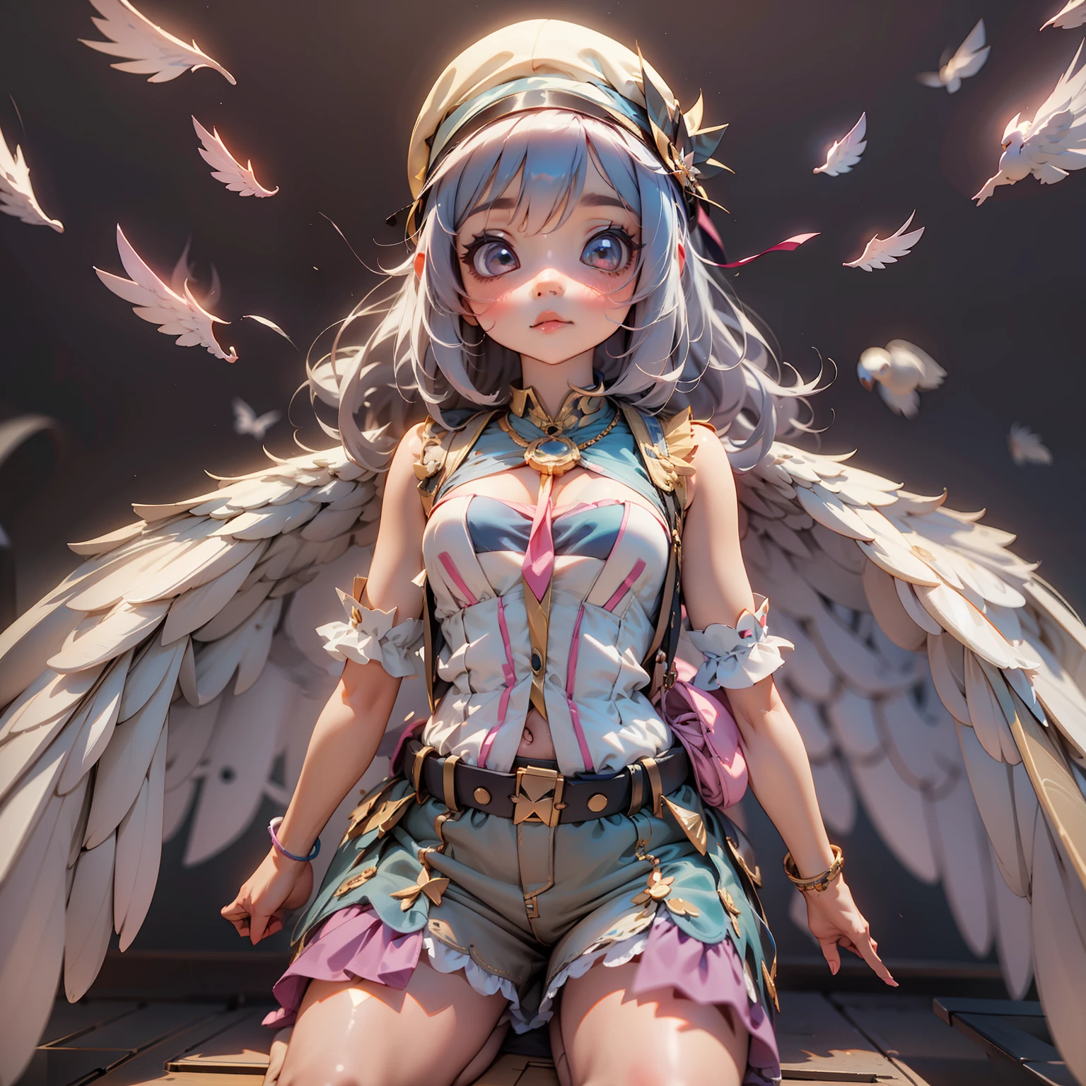 A cute girl with wings on her back and a hat，3d anime girl，3d effect，Full body like，super detailing