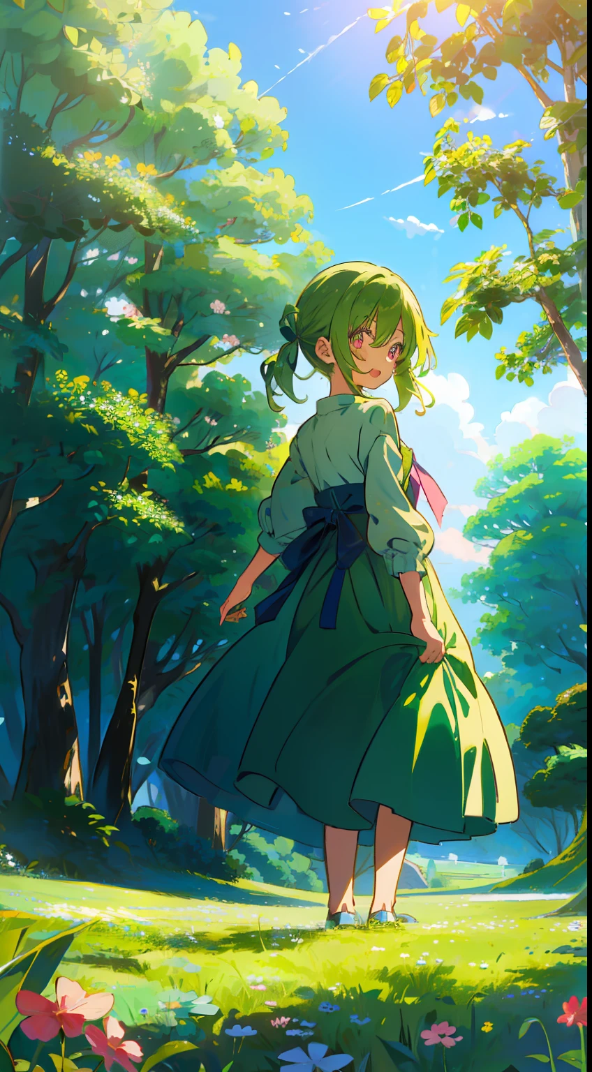 One girl、low twintails、Low double knot、Yellow green hair、sano、Laugh、One piece of four leaves、Clover field、blue-sky、to stand、masterpiece、top-quality、Top image quality、cute little、Pink eyes、morning、the woods、Yellow-green dress、Ribbon on the back