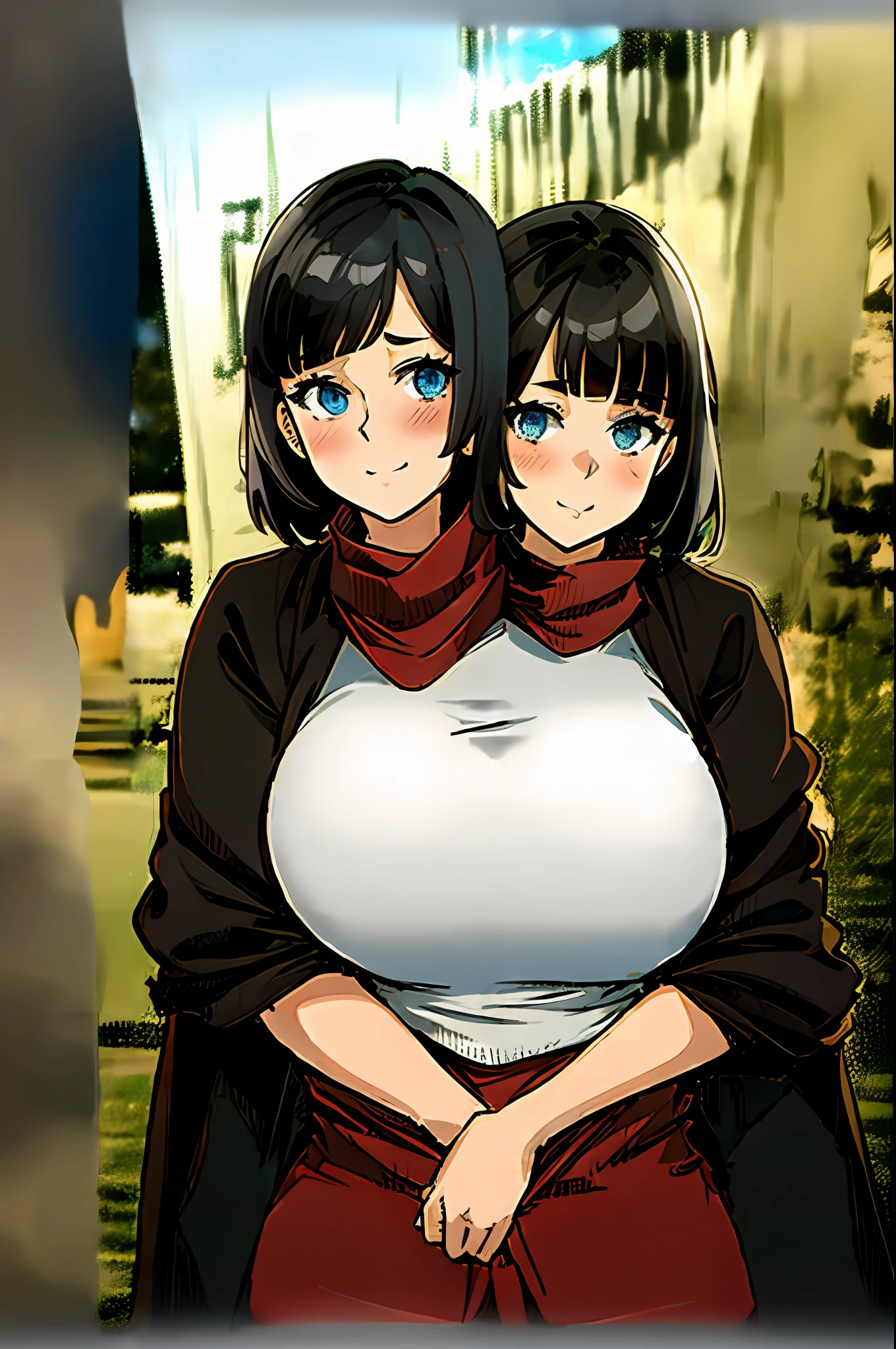 2heads, a short chubby woman with 2 heads. She has enormous breasts. She is outside in the winter. She is wearing hunting clothes. She has massive breasts.