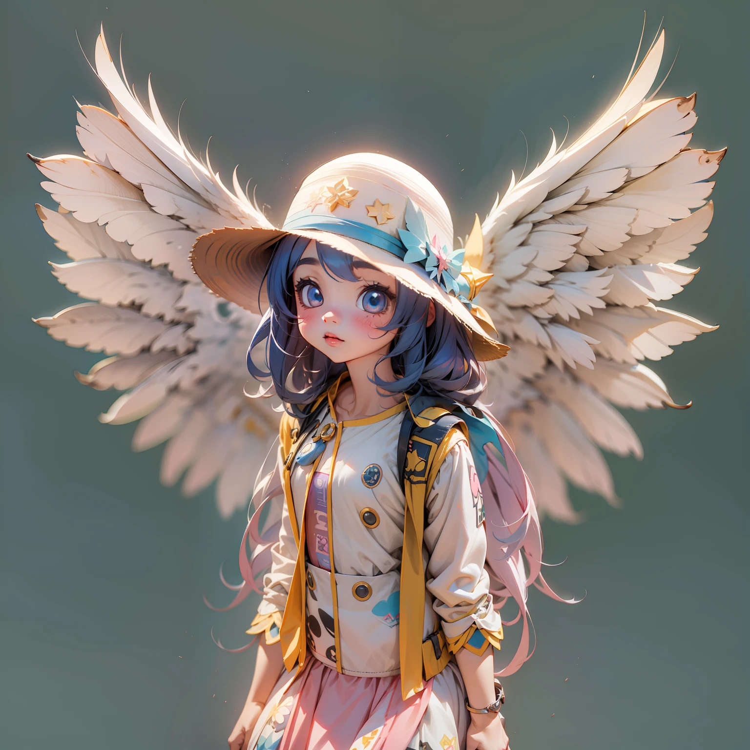 A cute girl with wings on her back and a hat，3d anime girl，3d effect，Full body like，super detailing