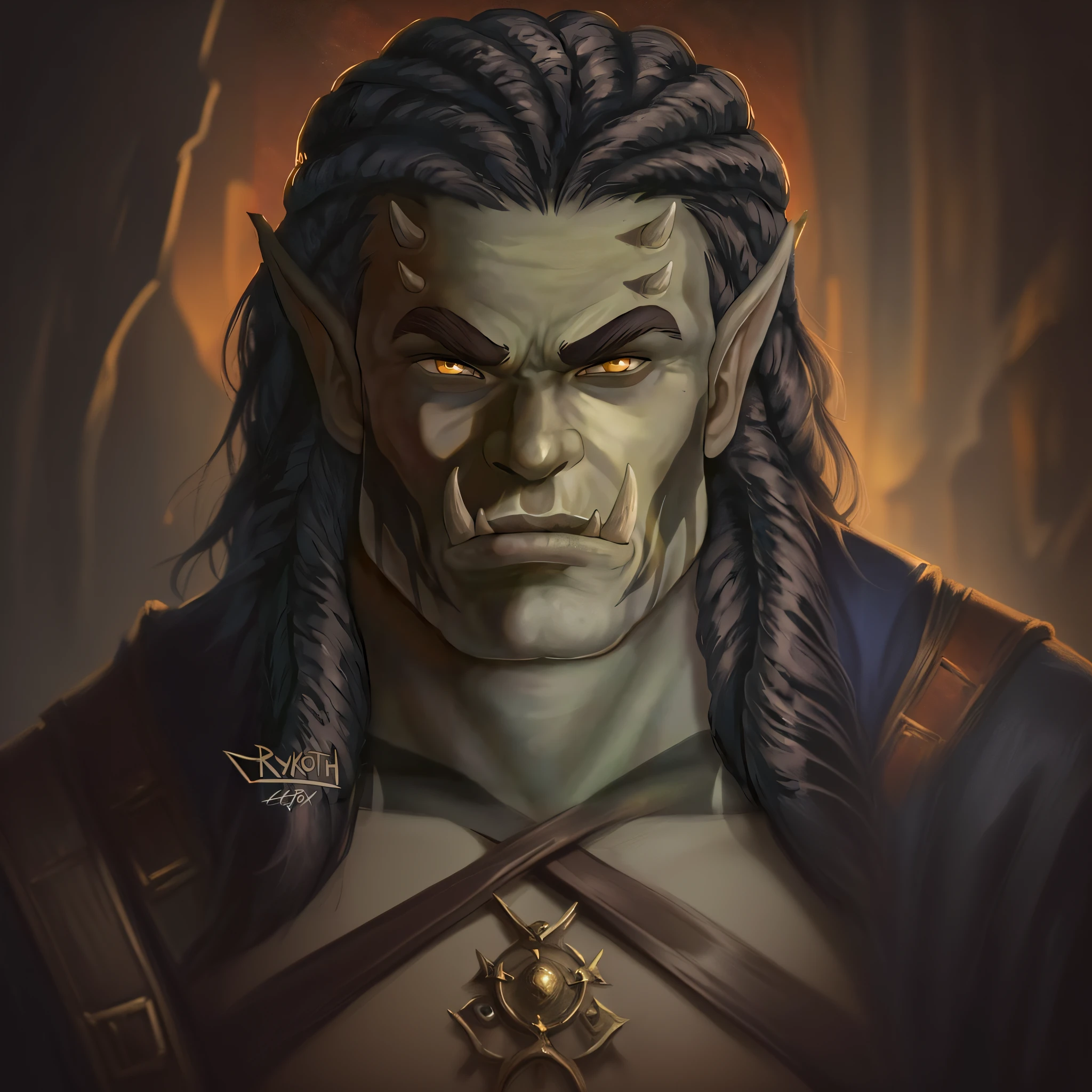 uma pintura digital de um elfo masculino com cabelos longos e olhos amarelos, Retrato de um Orc, Retrato de fin wildcloak, Retrato de um guerreiro orc, amazing portrait of viego, Um retrato de um elfo masculino, Conhecido como Voryn Dagoth em vida, retrato masculino do deus svarog, male vampire of clan banu haqim