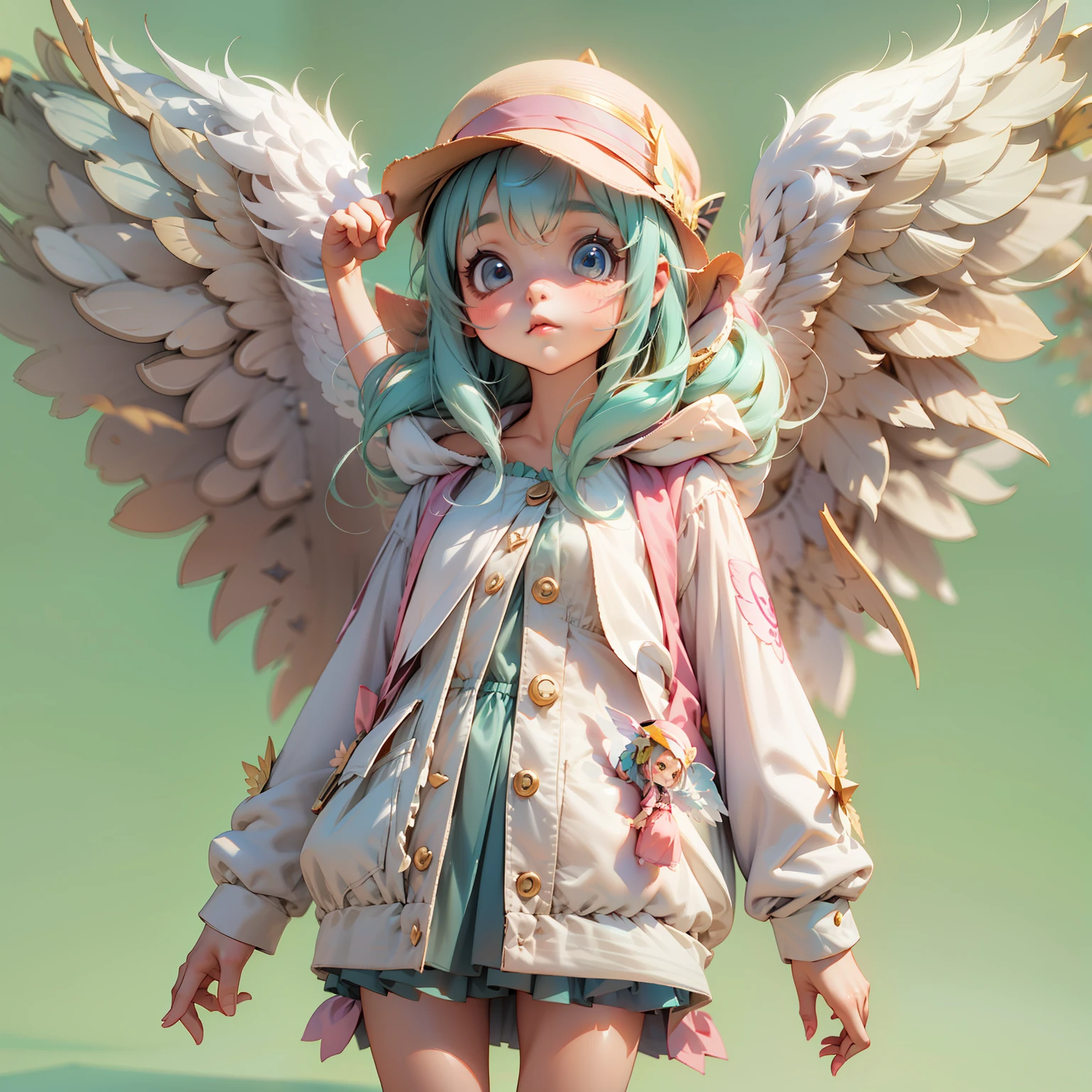 A cute girl with wings on her back and a hat,3d anime girl,3d effect,Full body like,super detailing