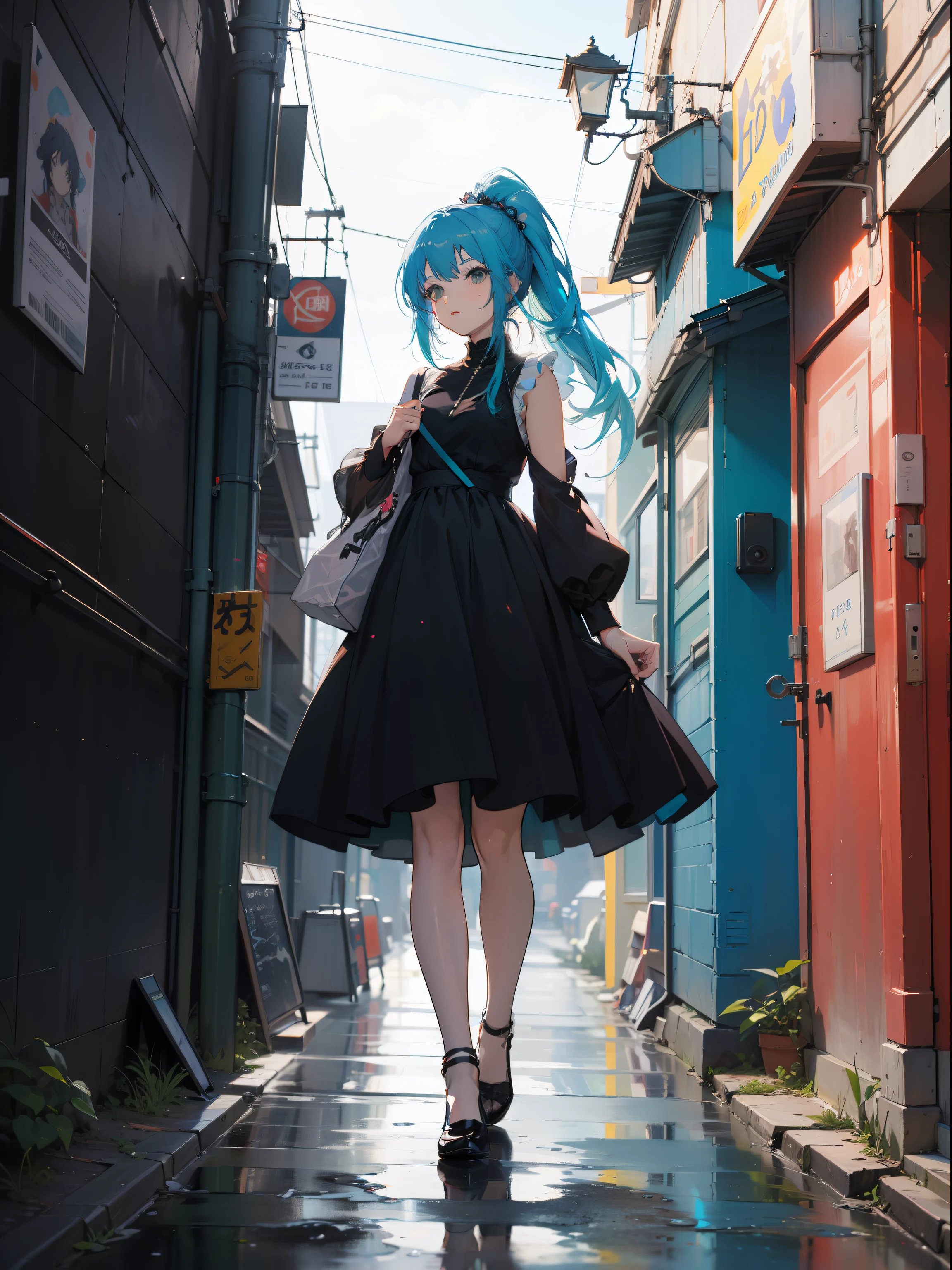 A woman with blue hair and a black dress stood in a narrow alley,side pony tail,Design clothing,Anime style 4k,Anime girl with teal hair,trending on artstation pixiv,cyberpunk anime girl,cute anime waifu in a nice dress,anime moe art style,High Quality Anime Art Style,Anime style。8K anime art wall。