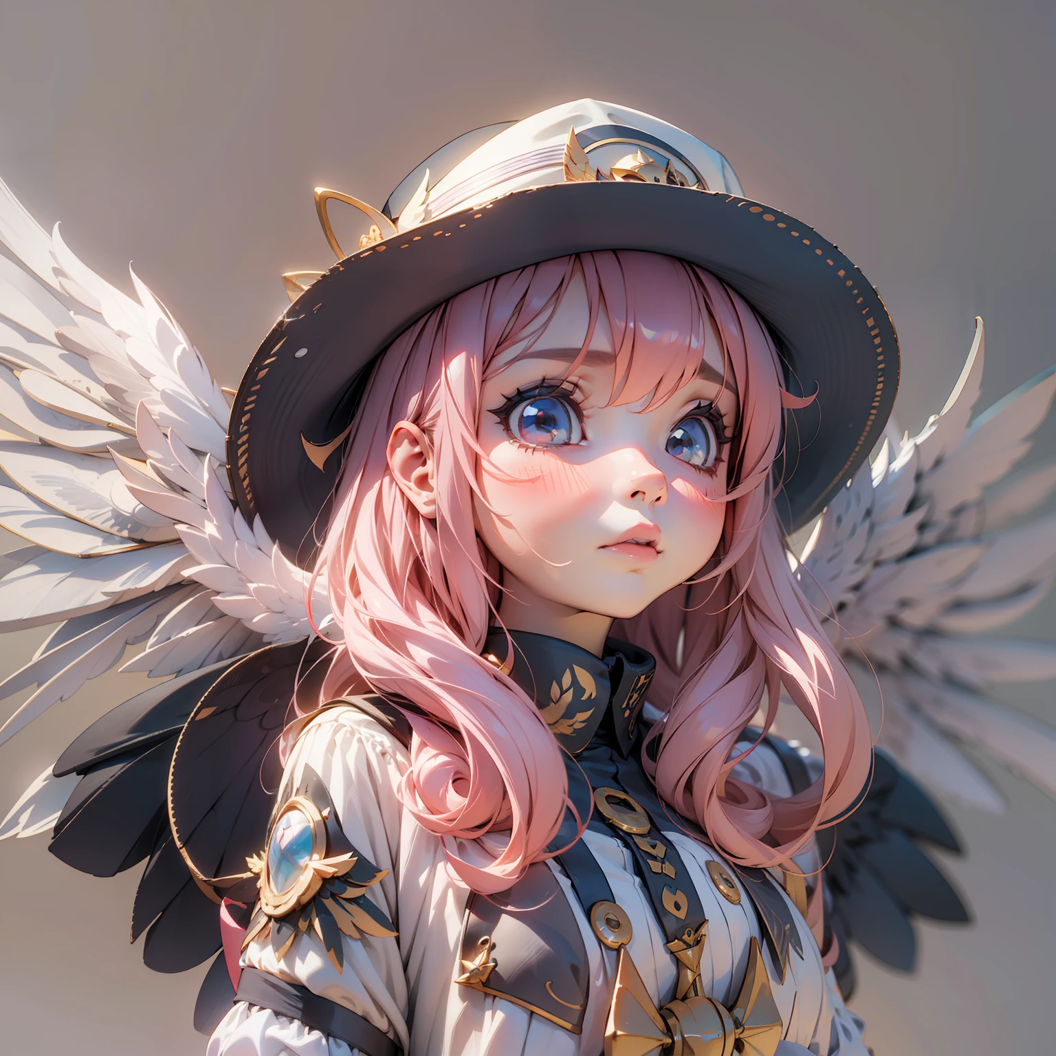 A cute girl with wings on her back and a hat，3d anime girl，3d effect，Full body like，super detailing