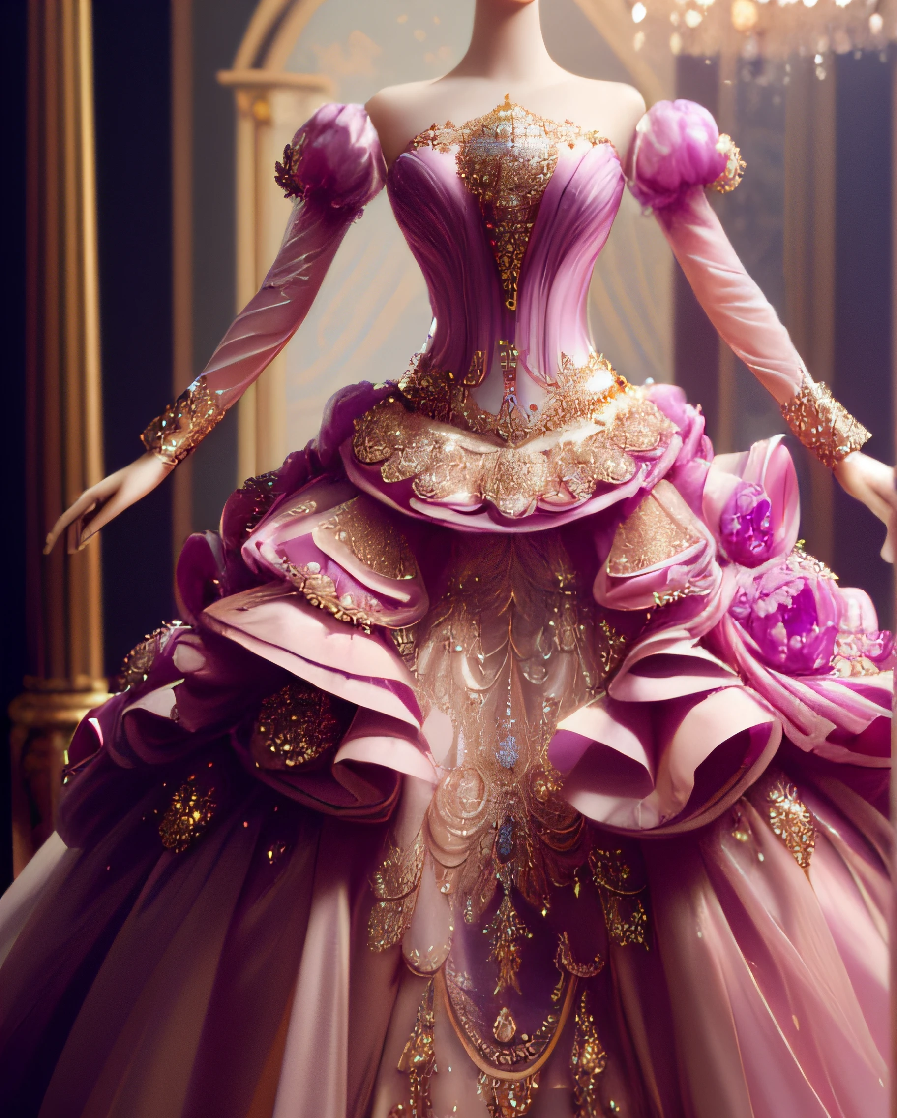 a hyper realistic photograph of a girl standing wearing a majestic light beige and gold ball gown dress, big beautiful dress, intricate puffy ball gown with lots of ruffles and rhinestones (Best quality, masterpiece, ArtStation, Fantasy Art:1.2), a palace room, a beautiful cute girl, (long white hair:1.1), (intricate short gold skirt, bare legs:1.2, full body shot)