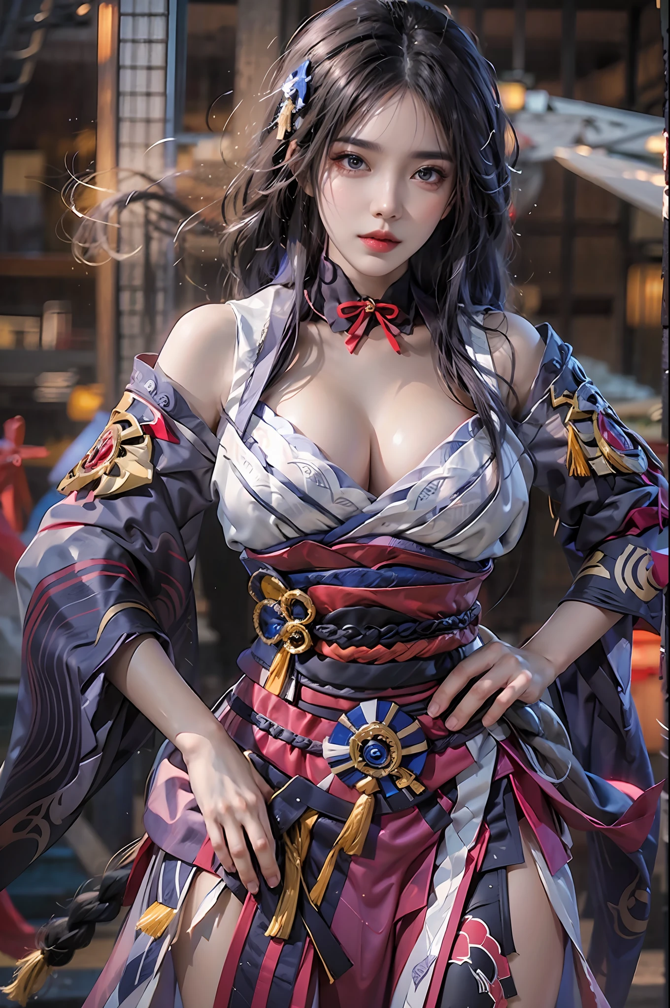 photorealistic, high resolution, 1 woman, solo, hips up, long hair, beautiful eyes, normal breast, raiden shogun costume