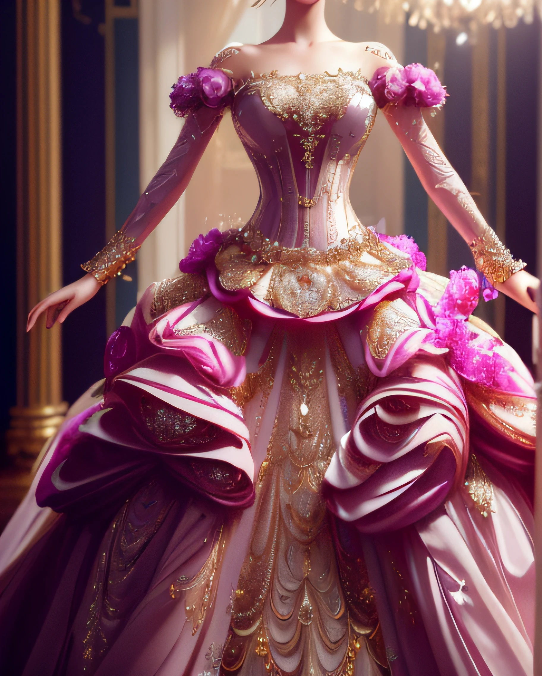 a hyper realistic photograph of a girl standing wearing a majestic light beige and gold ball gown dress, big beautiful dress, intricate puffy ball gown with lots of ruffles and rhinestones (Best quality, masterpiece, ArtStation, Fantasy Art:1.2), a palace room, a beautiful cute girl, (long white hair:1.1), (intricate short gold skirt, bare legs:1.2, full body shot)