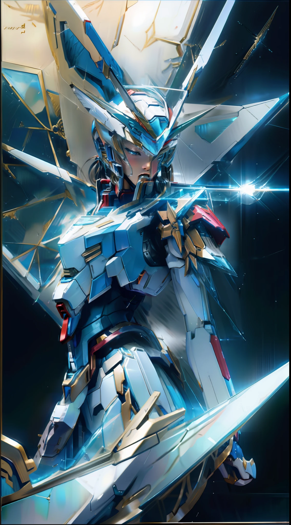 Platinum Gundam，Combat posture，angelicales，Ultimate realism，Macro scale，Intricate and delicate，Transparent as glass，Divine elegance，The attention to detail，realistic masterpiece，best qualtiy，8K分辨率。