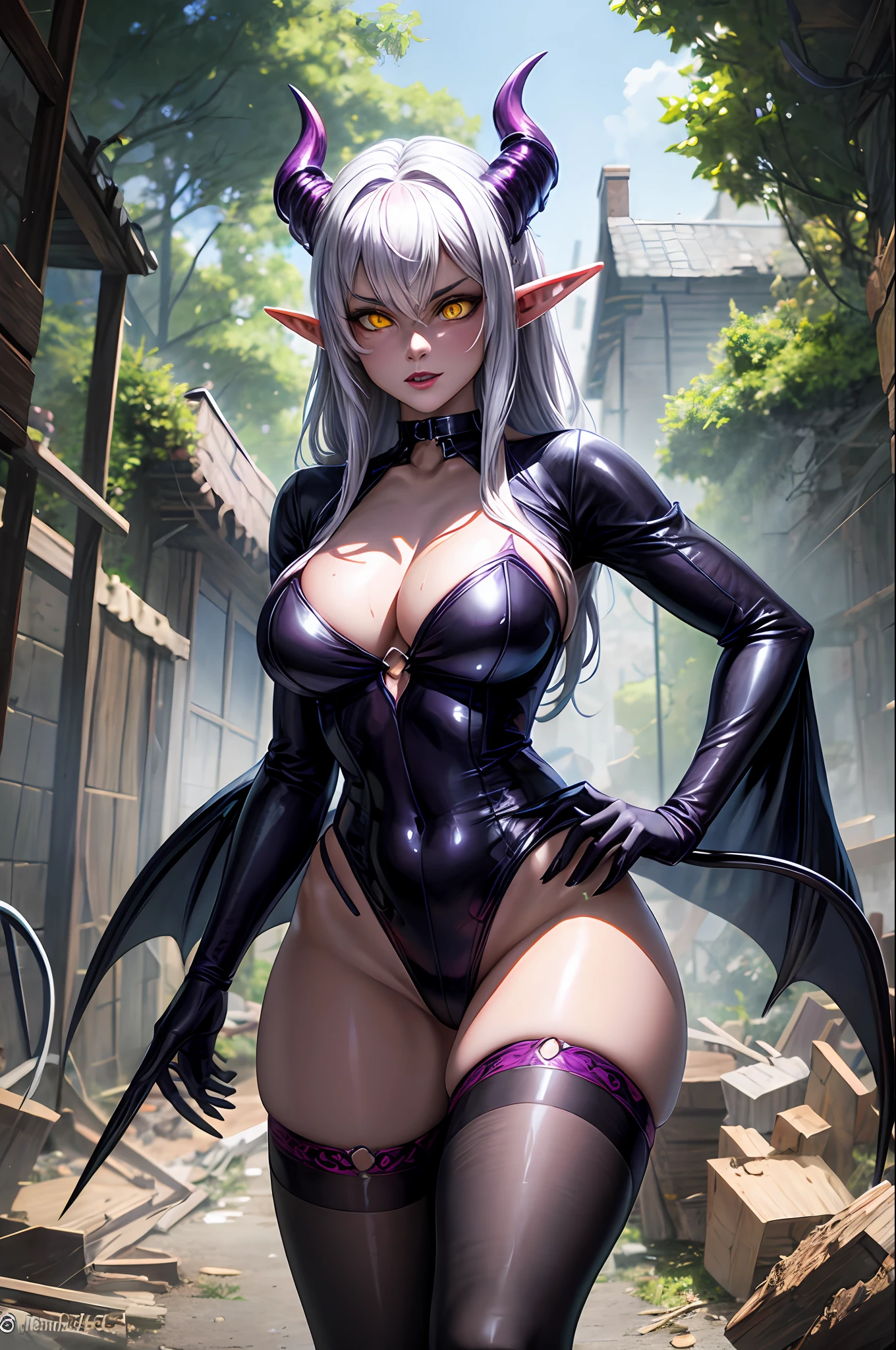 A female demon with elf ears and demon horns in a dirty and destroyed abandoned house, Um rosto maduro com um olhar frio e maligno para os espectadores com dentes de vampiro, e corpo volumoso com seios e busto enormes, Cabelos prateados com mechas roxas molhado ,(purple and yellow demonic eyes), ((Heterocromia)), olhos brilhantes, Destroyed and wet peasant clothes, unhas grandes longas e pontiagudas, Moda realista, sysie high definition details, fotografia, perspicacity, unique 850 4, Koda850 k portrait camera, Primavera F1.6, cores ricas, Textura super realista, textura de luz espetacular, arte surreal, Cinestil 800 mecanismo de moda,