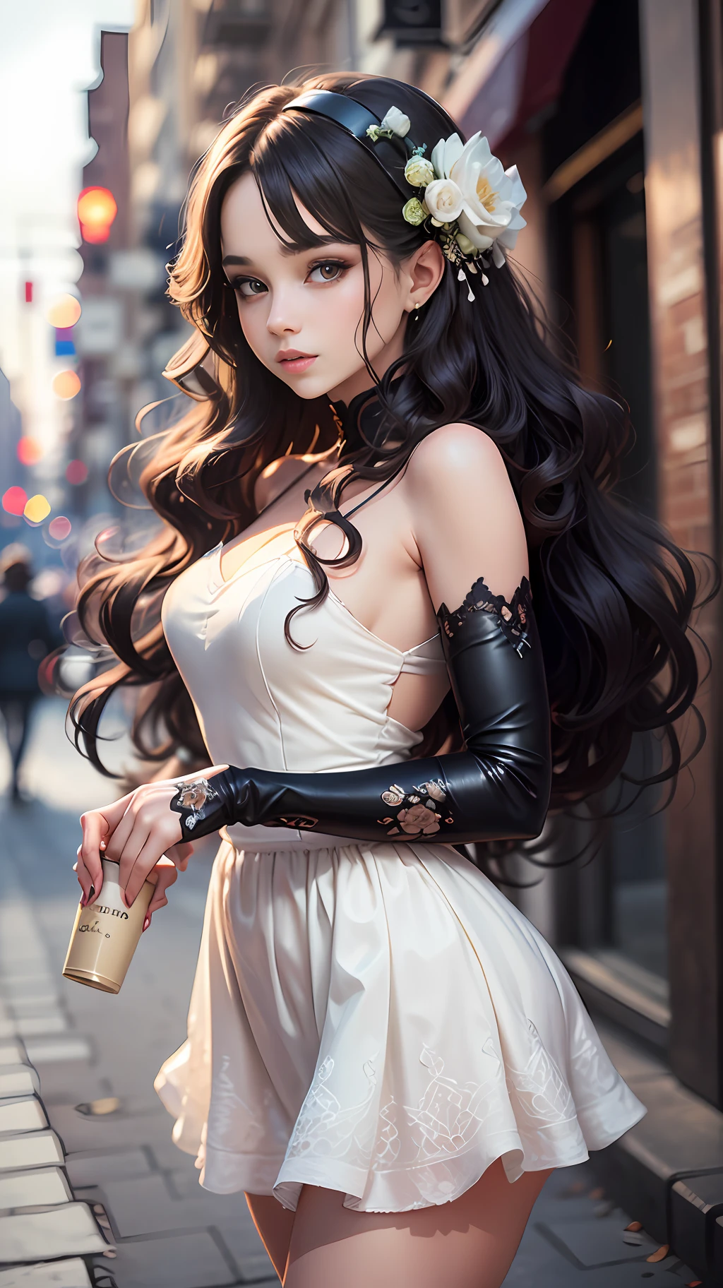 （（best qualtiy，8K，tmasterpiece：1.3））， 1girll， Charming， full bodyesbian， Slim Faces， Beautiful woman， （black long curly hair）， White floral dress ：1.1， Super detailed face， Detailed eyes， full， blur backgroun， the street， --auto