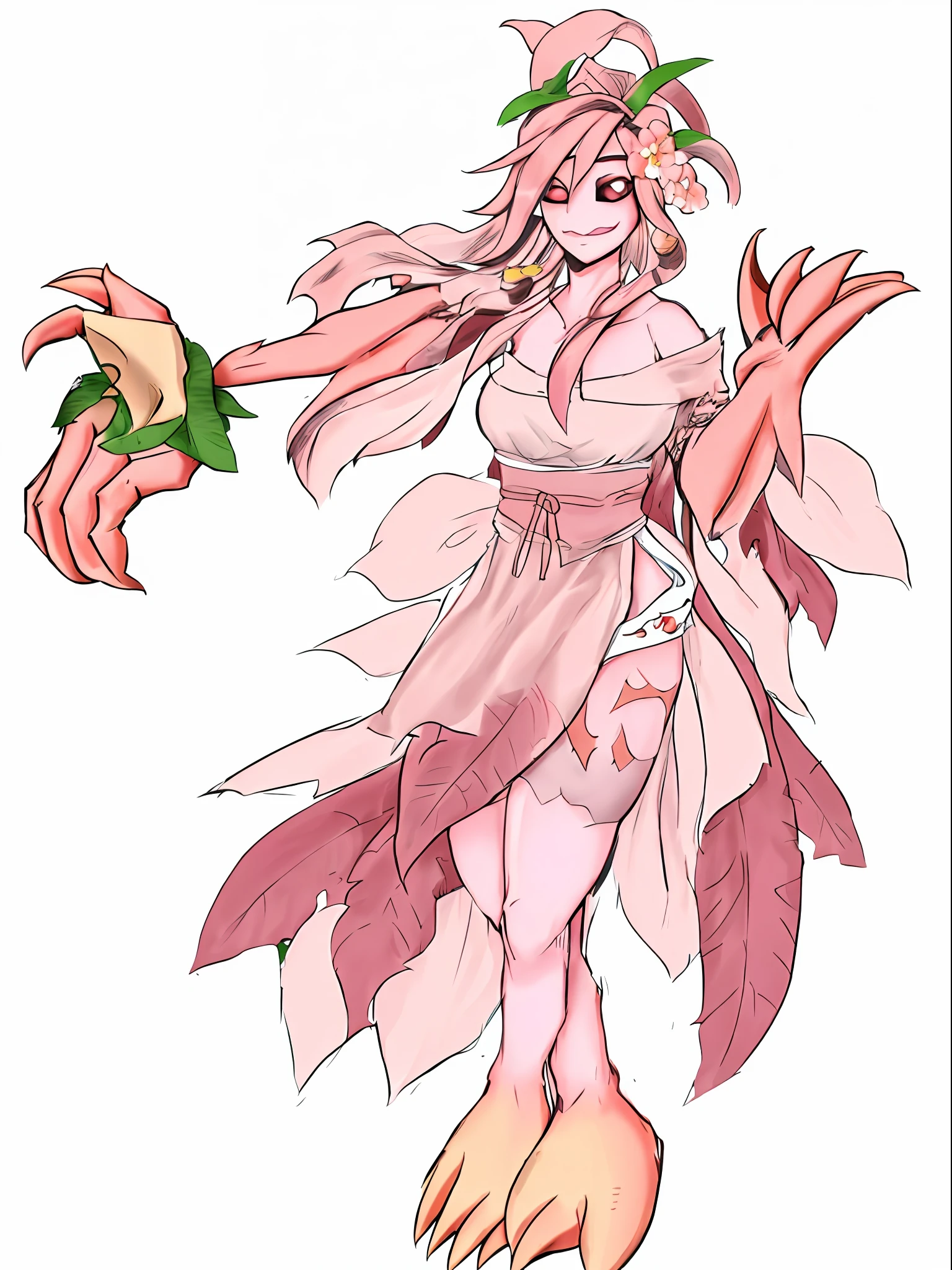 a close up of a person in a pink dress holding a shuriken, flowing hair , Ponytail and long robes, full body xianxia, , Monster ((masucline)),(Digimon\(creature)\0.4), (Peach Blossom themed:1.2), (Fairy), ((Pink Claw like arms:1.4)), (( plant person:1.6)), ((Pink skin))