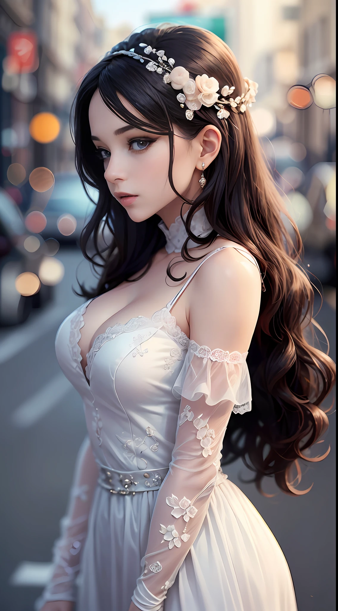 ((best qualtiy,8K,tmasterpiece:1.3)), 1girll, Charming, full bodyesbian, Slim Faces, Beautiful woman, (black long curly hair), White floral dress :1.1, Super detailed face, Detailed eyes, full, blur backgroun, the street, --auto