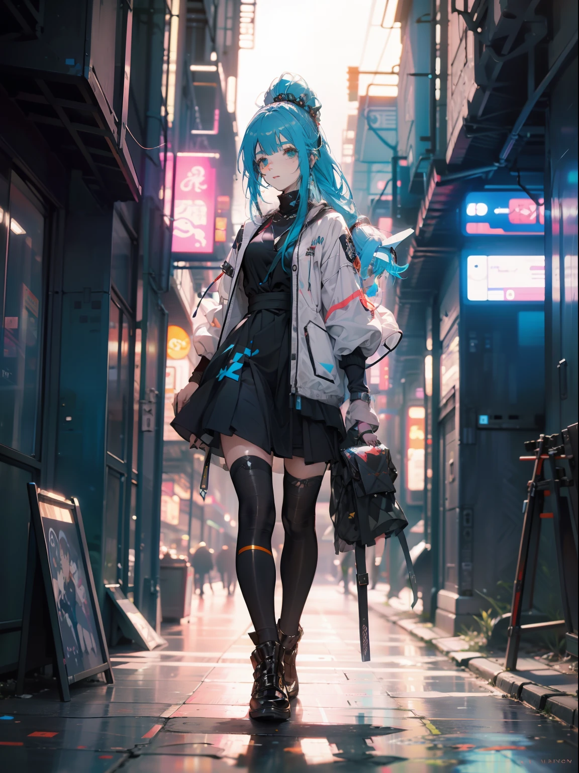 A woman with blue hair and a black dress stood in a narrow alley。，side pony tail，Design clothing，Anime style 4K，Anime girl with teal hair，trending on artstation pixiv，cyberpunk anime girl，cute anime waifu in a nice dress，Anime moe art style，High quality anime art style，Anime style。8K animation art wall，HD close-up