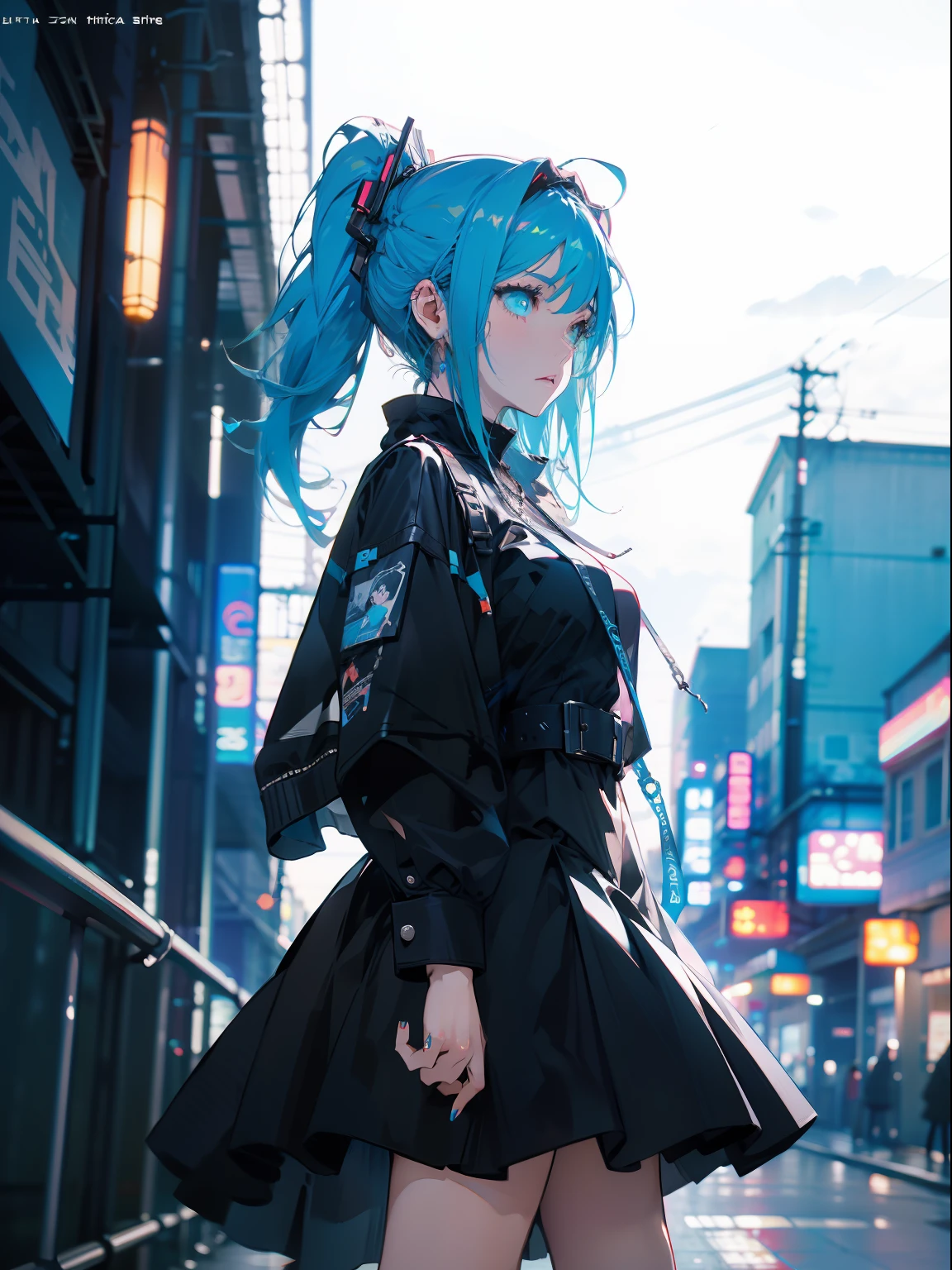 A woman with blue hair and a black dress stood in a narrow alley。,side pony tail,Design clothing,Anime style 4K,Anime girl with teal hair,trending on artstation pixiv,cyberpunk anime girl,cute anime waifu in a nice dress,Anime moe art style,High quality anime art style,Anime style。8K animation art wall,HD close-up