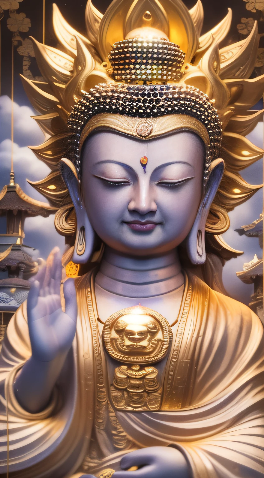 Western Elysium，Buddha is solemn，A ray of Tyndall light shone overhead，The golden body glows，The sky is shining，The golden lotus flower shines，Peace and tranquility atmosphere，Shocking big scene，Fantasy scenes，Overlooking the world
