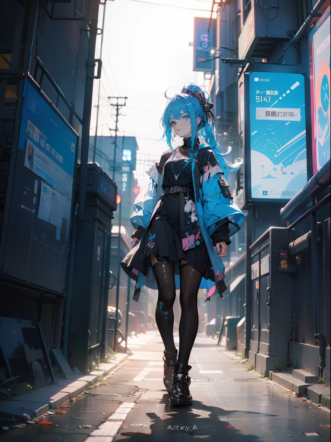 A woman with blue hair and a black dress stood in a narrow alley。,side pony tail,Design clothing,Anime style 4K,Anime girl with teal hair,trending on artstation pixiv,cyberpunk anime girl,cute anime waifu in a nice dress,Anime moe art style,High quality anime art style,Anime style。8K animation art wall,HD close-up