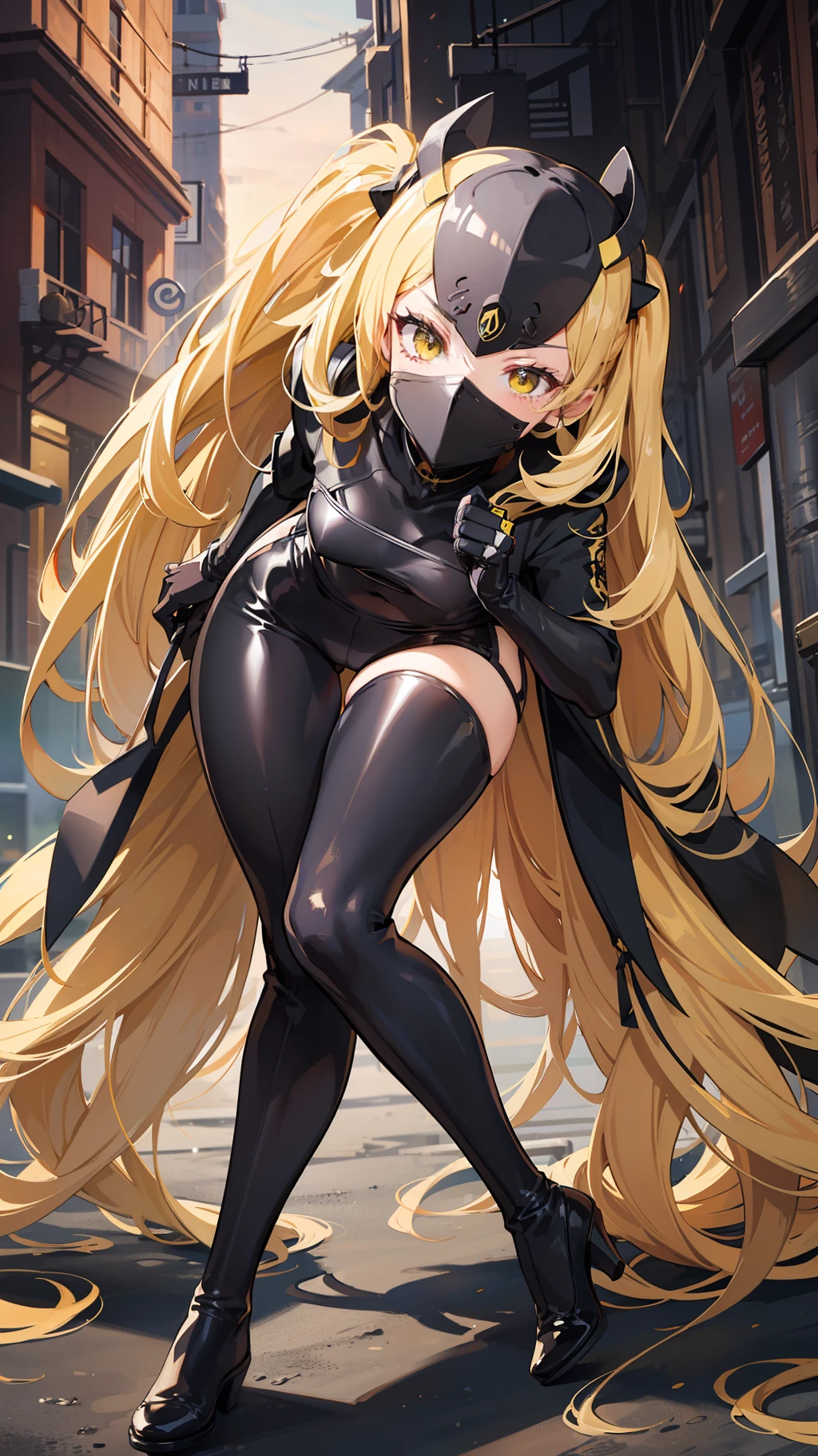 yellow long hair，Sexy female ninja suit，long black gloves，black long boots，In battle