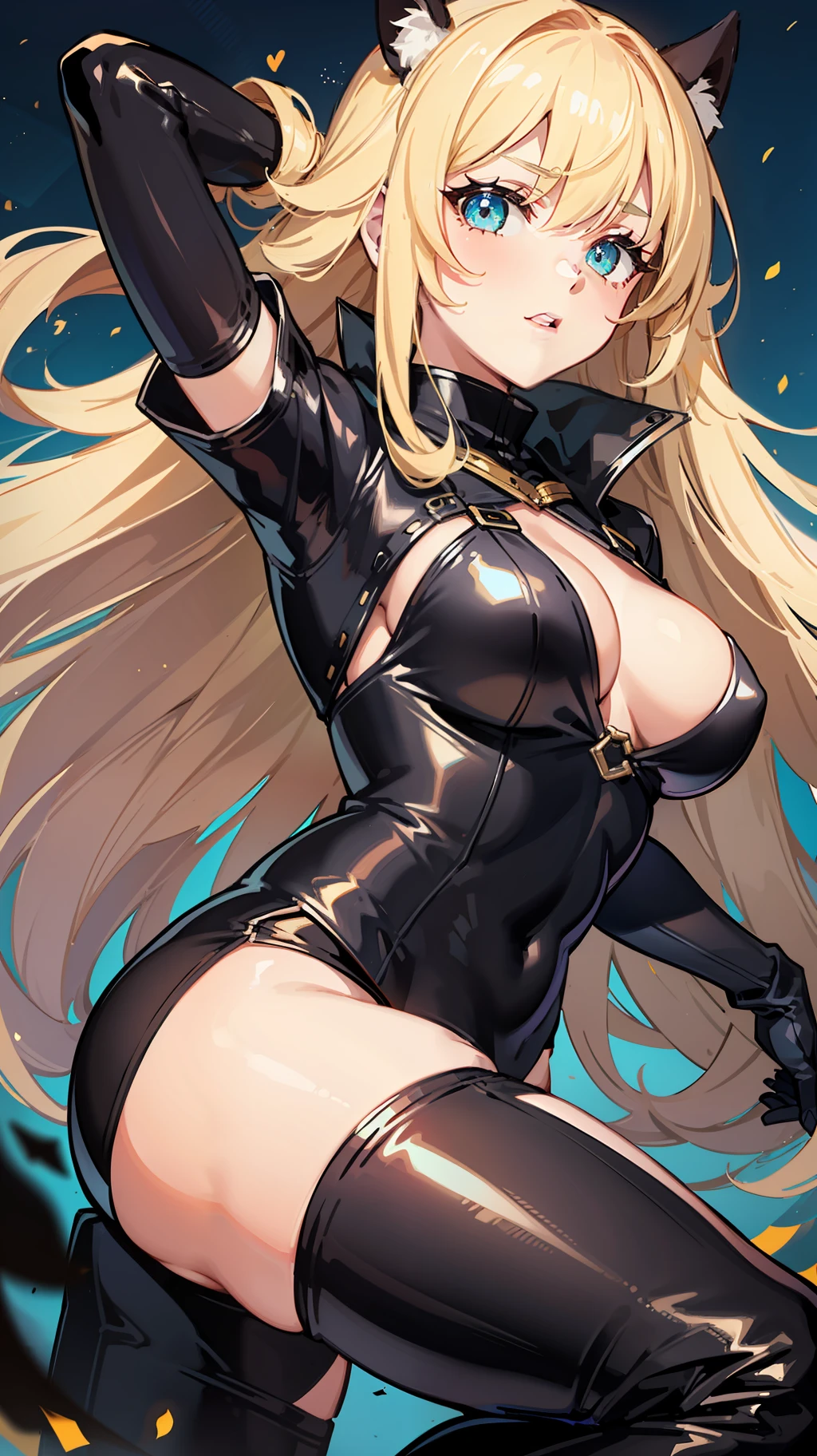 yellow long hair,Sexy female ninja suit,long black gloves,black long boots,In battle
