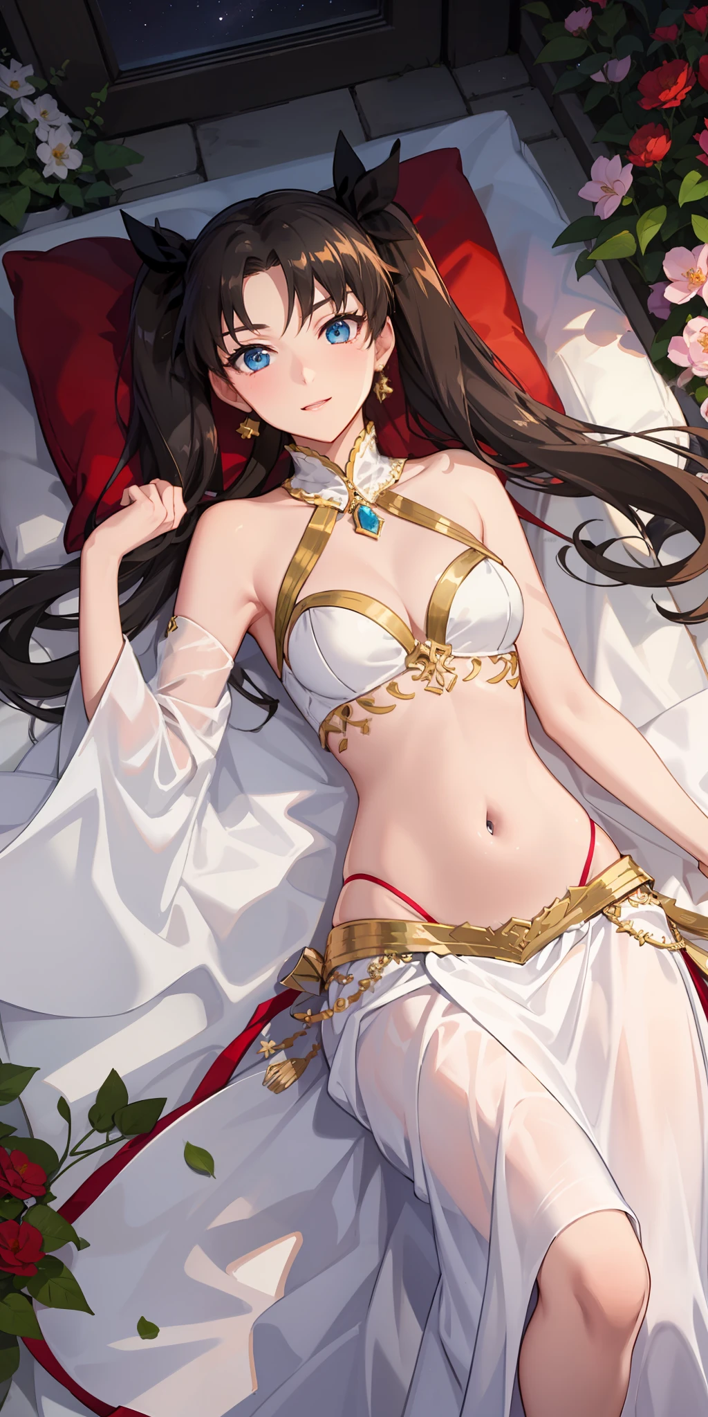 long hair, black hair, medium breast, slim legs, happy, white gown, cleavage, arabian belly dancer , skirt, rin tohsaka, twin tail, navel, garden, night, blue eyes, tiara, lying down