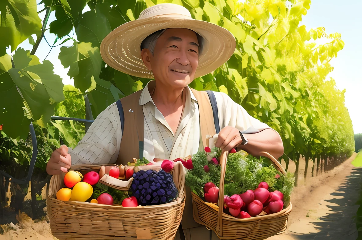 Alafeld man holding a basket of fruit in the vineyard, japanesse farmer, Fruit in the basket, asian man, japan harvest, he is about 7 0 years old, he is about 8 0 years old, Asian male, A fruit basket, confident holding vegetables, farmer, vibrant and vivid, idyllic and fruitful land, he is about 60 years old