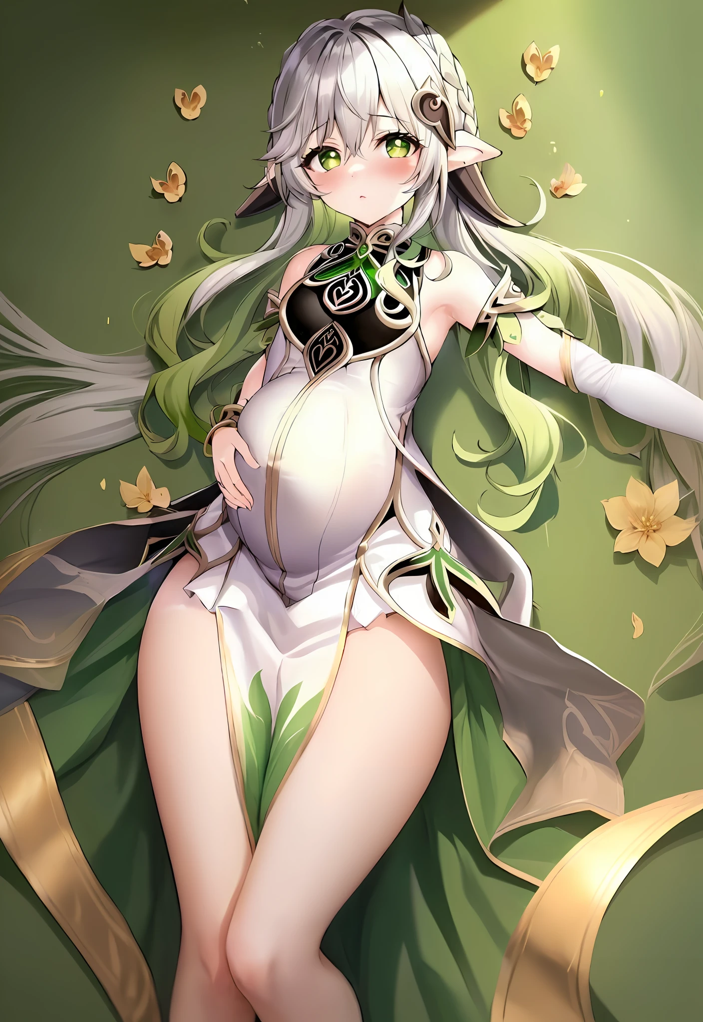 A woman with long hair and green eyes holds a flower, she has elf ears and gold eyes, cute anime waifu in a nice dress, Anime goddess, Genshin Nasita, alluring elf princess knight, Elf Girl, Nasida from the original god, beautiful fantasy anime, white-haired god, cute round green slanted eyes