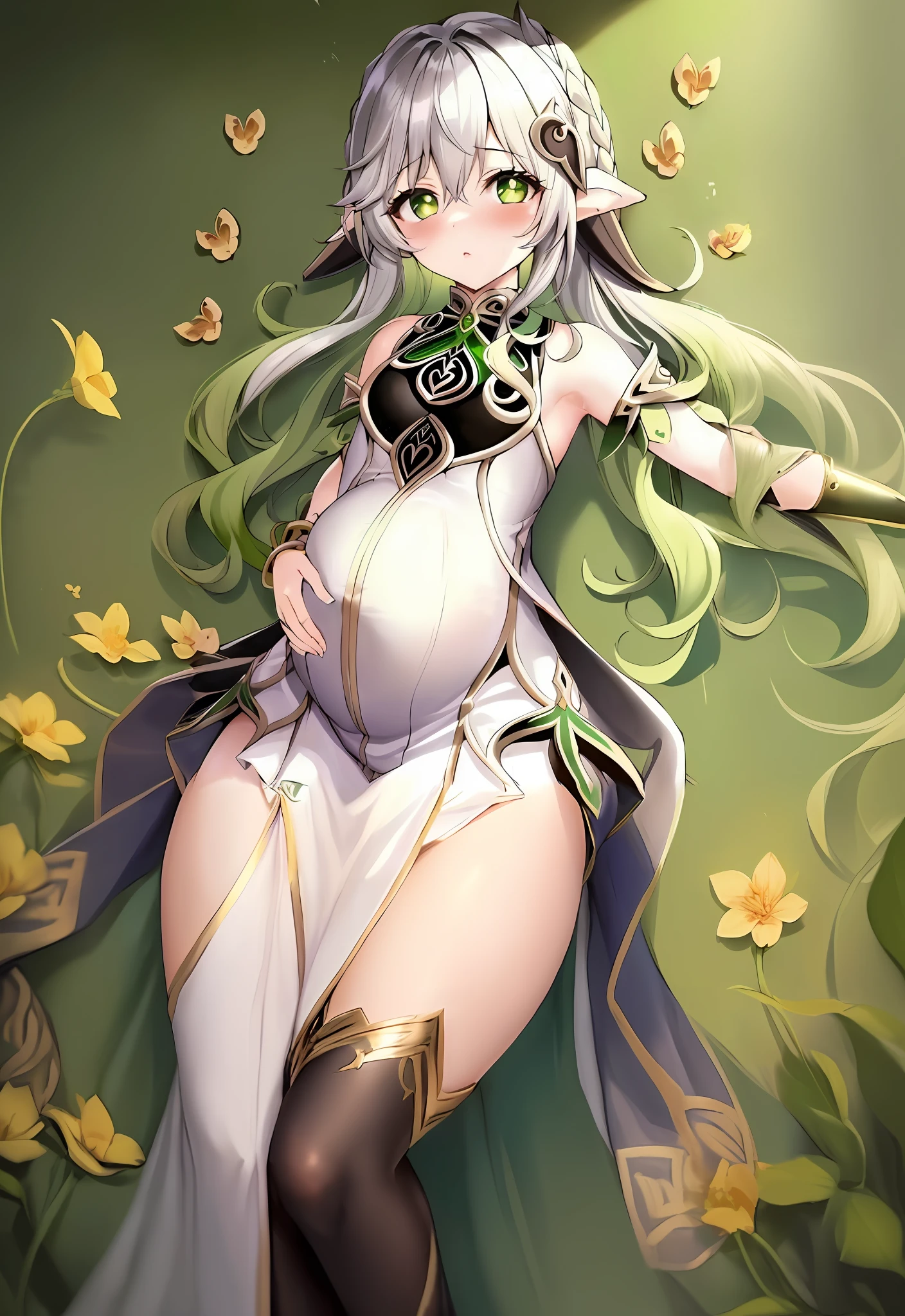 A woman with long hair and green eyes holds a flower, she has elf ears and gold eyes, cute anime waifu in a nice dress, Anime goddess, Genshin Nasita, alluring elf princess knight, Elf Girl, Nasida from the original god, beautiful fantasy anime, white-haired god, cute round green slanted eyes