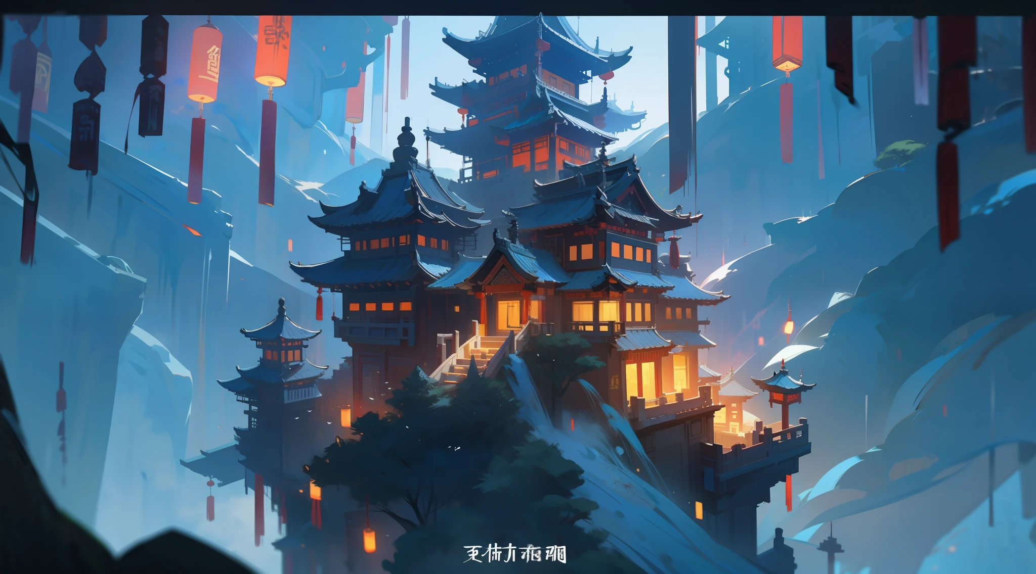 (Epic composition), (Film composition), (Interesting composition), (ink painting), Ancient Chinese architecture is built on high mountain cliffs, Scattered ancient Chinese pavilion buildings, The fog lingered, Flowing water, Dotted with ancient Chinese paper lanterns, The pine forest is lit up with a little light, (Tilt-shift photography), (Telephoto lens), (Panorama shot) --ar 19:6 --niji 5, 8K