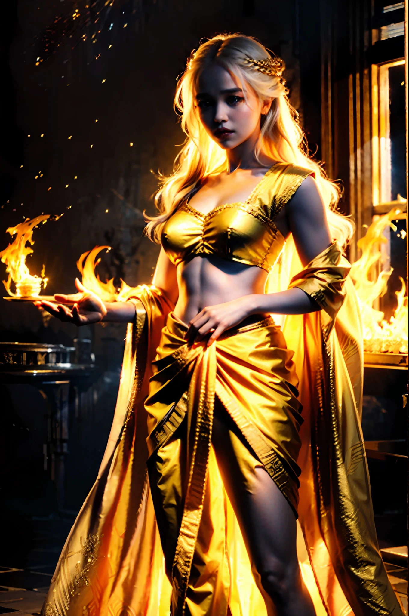 8k, photorealistic, ultrarealstic, daenerys targaryen wearing indian sari, daenerys targaryen, dragons, indian palace, fire, sari, lengha, princess, regal, rich, gold