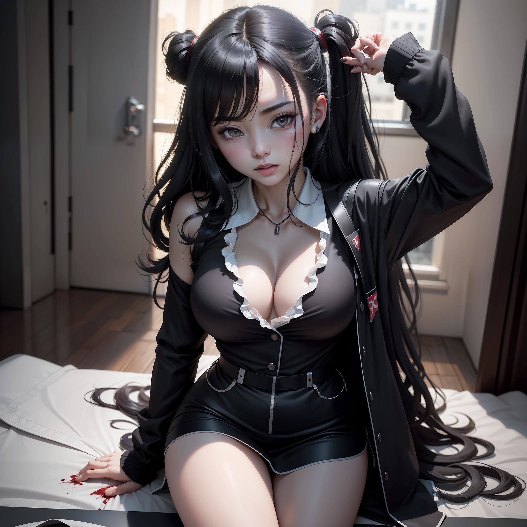 tmasterpiece, ultra fine photos, best qualtiy, 超高分辨率, realisticlying, rays of moonlight,the night, Untidy, opulent, highdetailskin, Realistic details of skin, tack sharp focus, volumettic light, 8K UHD, digital SLR camera, high high quality, filmgrain, photorealisti,Horizontal version,A group of anime girls turned into black-haired zombies outside a hospital window,Fang,Blood,terroral,Wearing a nurse's uniform with blood,Wear it with black stockings,The overall tone is dark,Full of killing intent,onimous