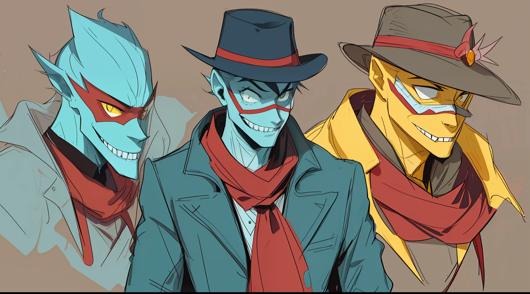 A guy who has no face, no eyes or nose, but has a mouth full of sharp teeth, he wears a blue overcoat, yellow fedora and a red scarf around his neck. Helluva boss Style, Hazbin hotel Style, his skin is flourescent blue. drawing references hazbin hotel style males hand drawing sketchs assigned Hellmitor