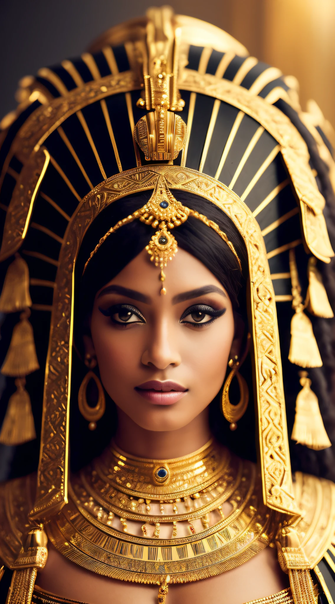 um close up de uma mulher vestindo um traje dourado e preto, Egyptian Princess, cleopatra portrait, beautiful cleopatra, Egyptian makeup, Egyptian, wearing an egyptian crown, cleopatrah, Egito maquiagem, Um retrato impressionante de uma deusa, uma bela imperatriz fantasia, cocar de ouro intrincado, foto de retrato, Retrato da princesa asteca, Retrato de uma bela deusa, Princesa Libu antiga, Imperatriz Asteca