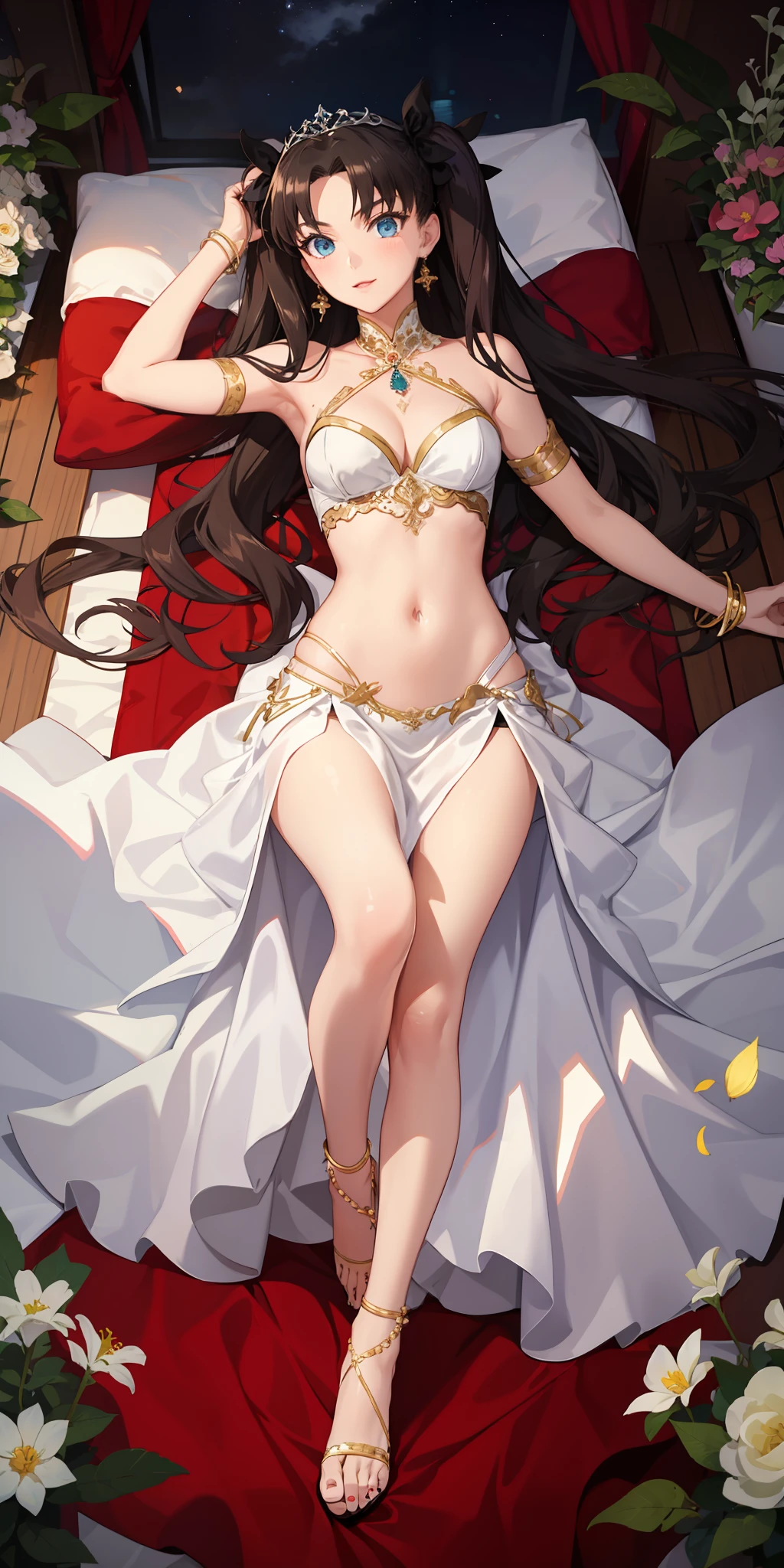 long hair, black hair, medium breast, slim legs, happy, white gown, cleavage, arabian belly dancer , skirt, rin tohsaka, twin tail, navel, garden, night, blue eyes, tiara, lying down