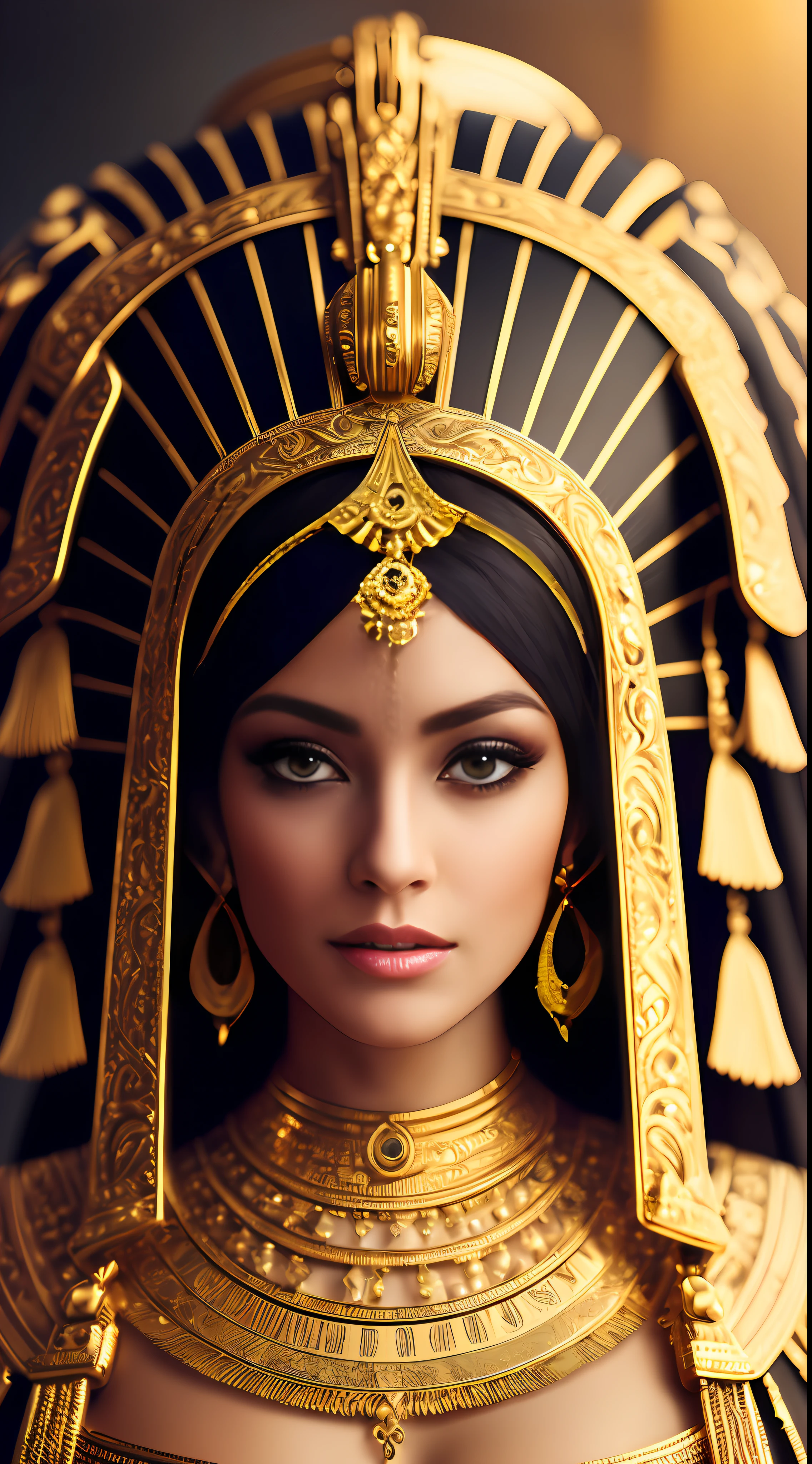 ultra wide angle, dark epic background, gorgeous lifelike, golden design, cleopatra, cinematic, insane details, intricate details, hyperdetailed, ultra texture details